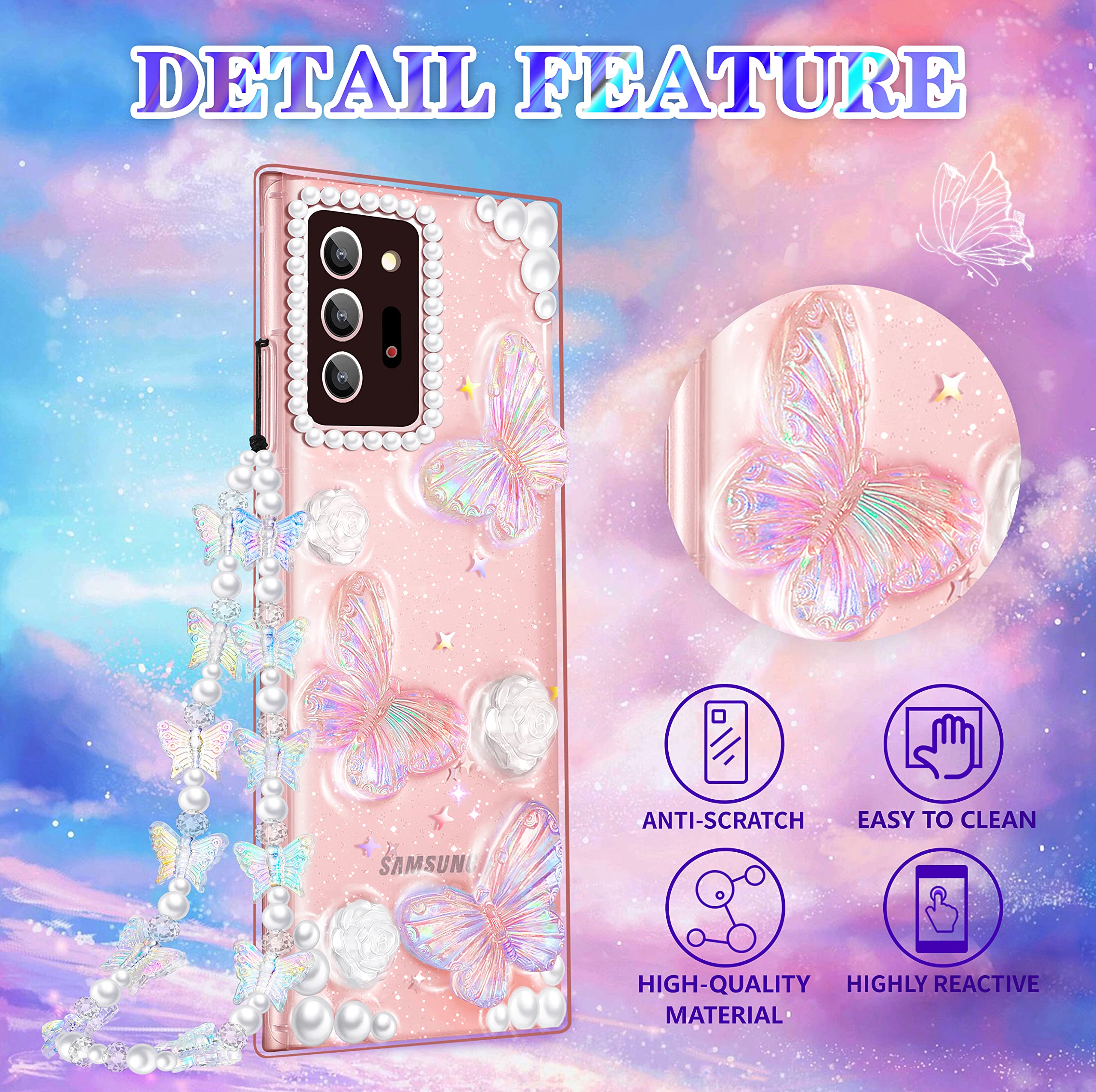**Goocrux 3-in-1 Case for Samsung Galaxy Note 20 Ultra – 3D Butterfly Clear Glitter Phone Case with Chain & Screen Protector | Stylish Aesthetic for Women & Teen Girls | Cute Sparkly Girly Design for Everyday Use & Parties**