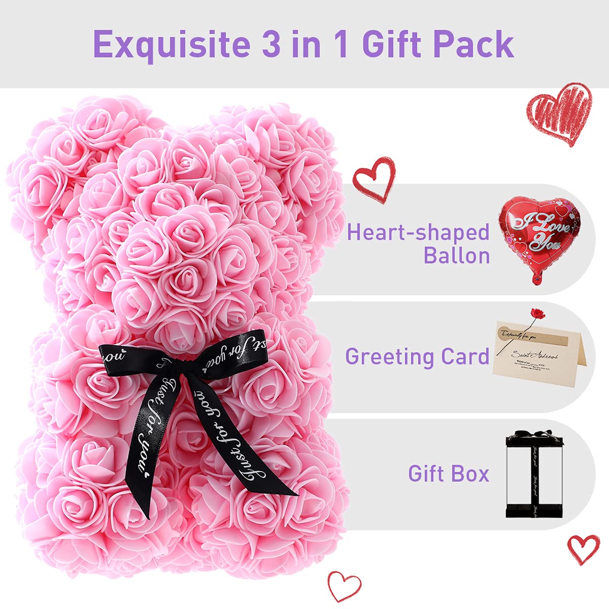 Handmade Rose Teddy Bear Gift for Women - Light Pink Rose Flower Bear with Clear Gift Box & Greeting Card | Perfect for Mother's Day, Valentine's Day, Anniversary & Bridal Showers | Romantic Home Decor & Special Occasion Gift Idea