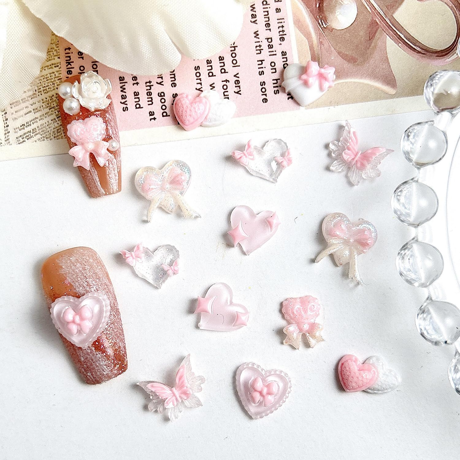 40Pcs Pink Nail Art Charms Glow in The Dark Heart Rhinestones - 3D Resin Nail Gems Decals for Valentines Day Manicure, DIY Nail Decorations, Party, Wedding, Salon, Home Nail Art Supplies