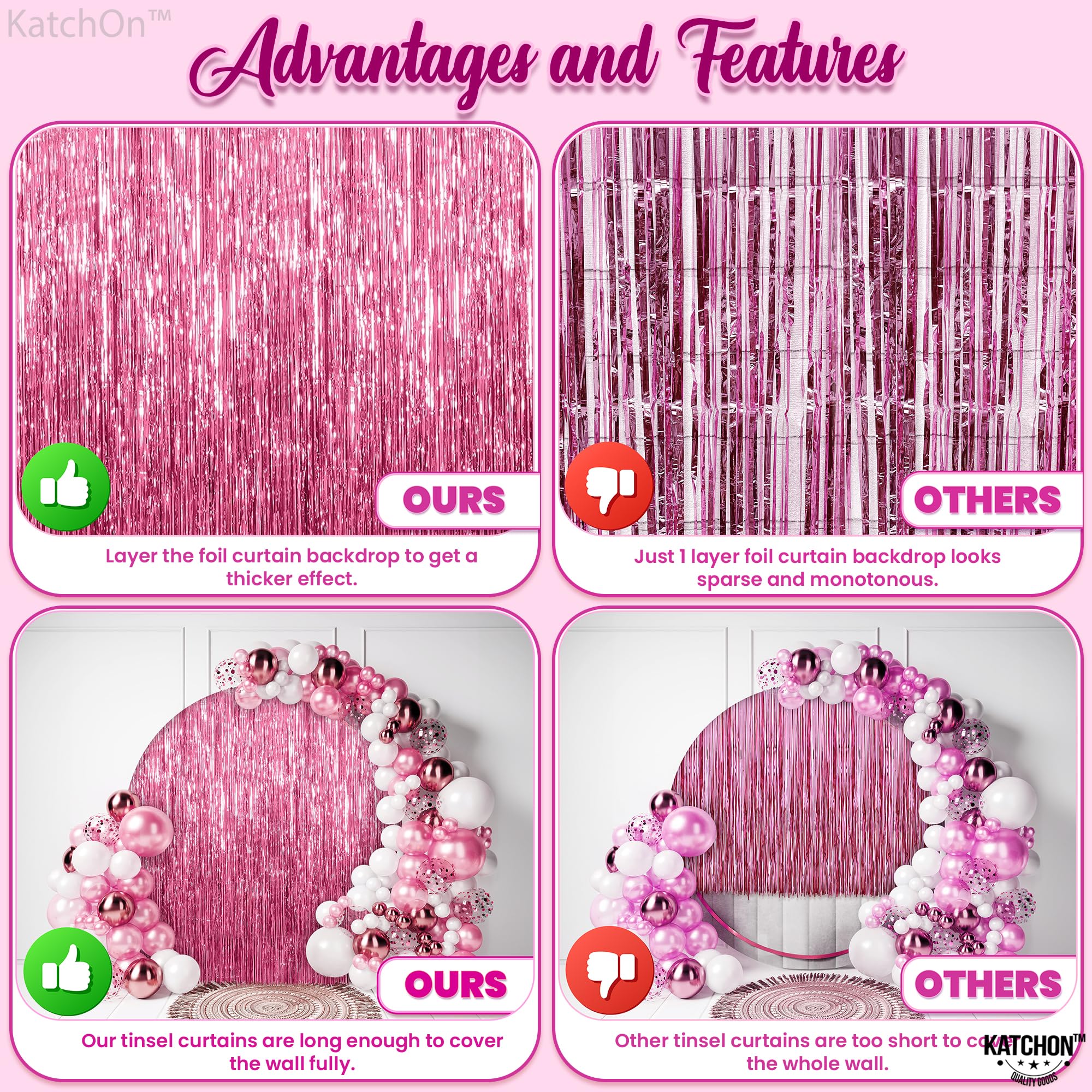 KatchOn Pink Foil Fringe Backdrop - XtraLarge 8x3.2 Feet (Pack of 2) | Party Decorations for Birthday, Baby Shower & Galentines Day | Pink Streamers, Photo Booth Background & Event Decor