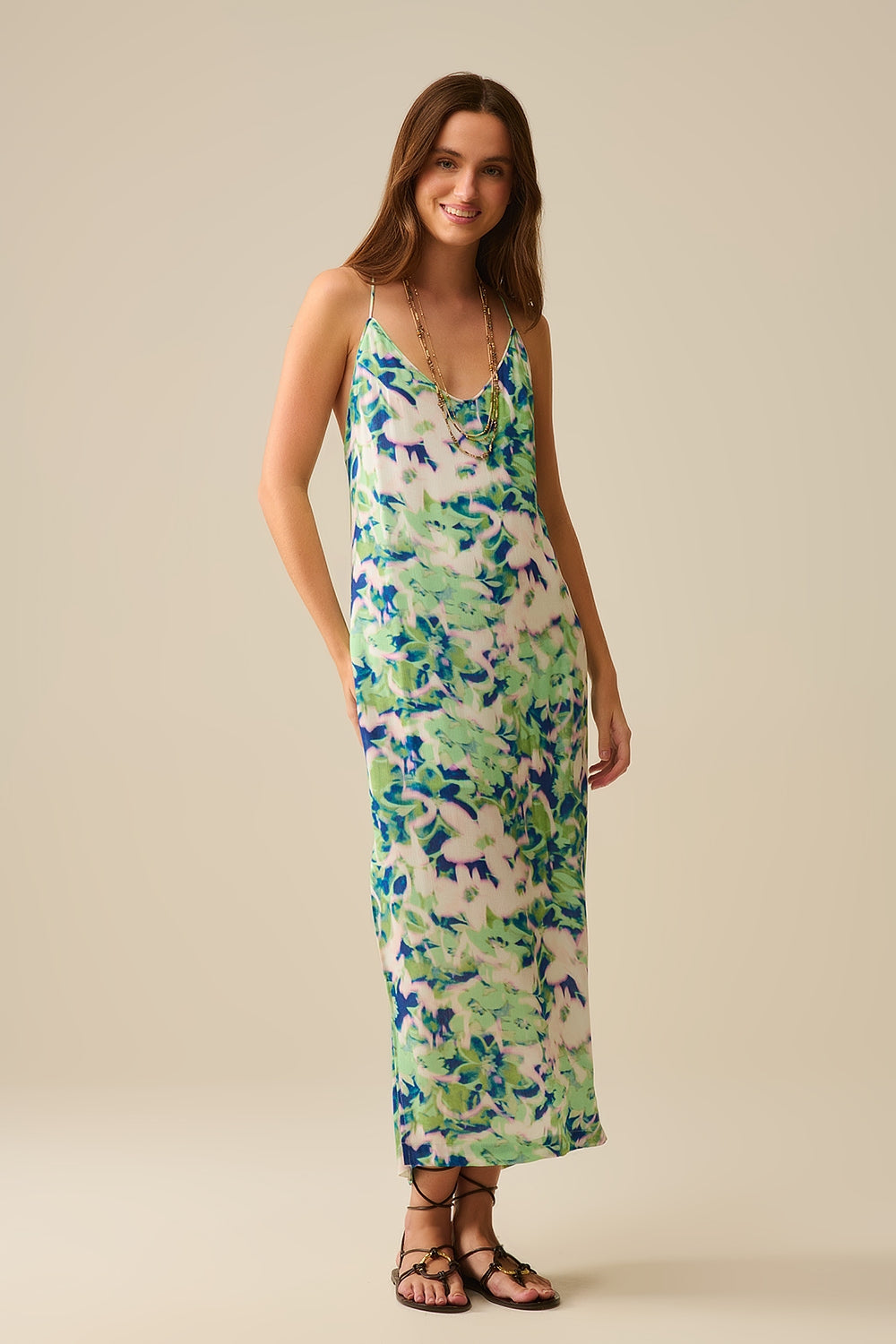 Floral Print Long Green Dress with Deep Back Cutout - Perfect for Summer Parties, Beach Vacations & Date Nights