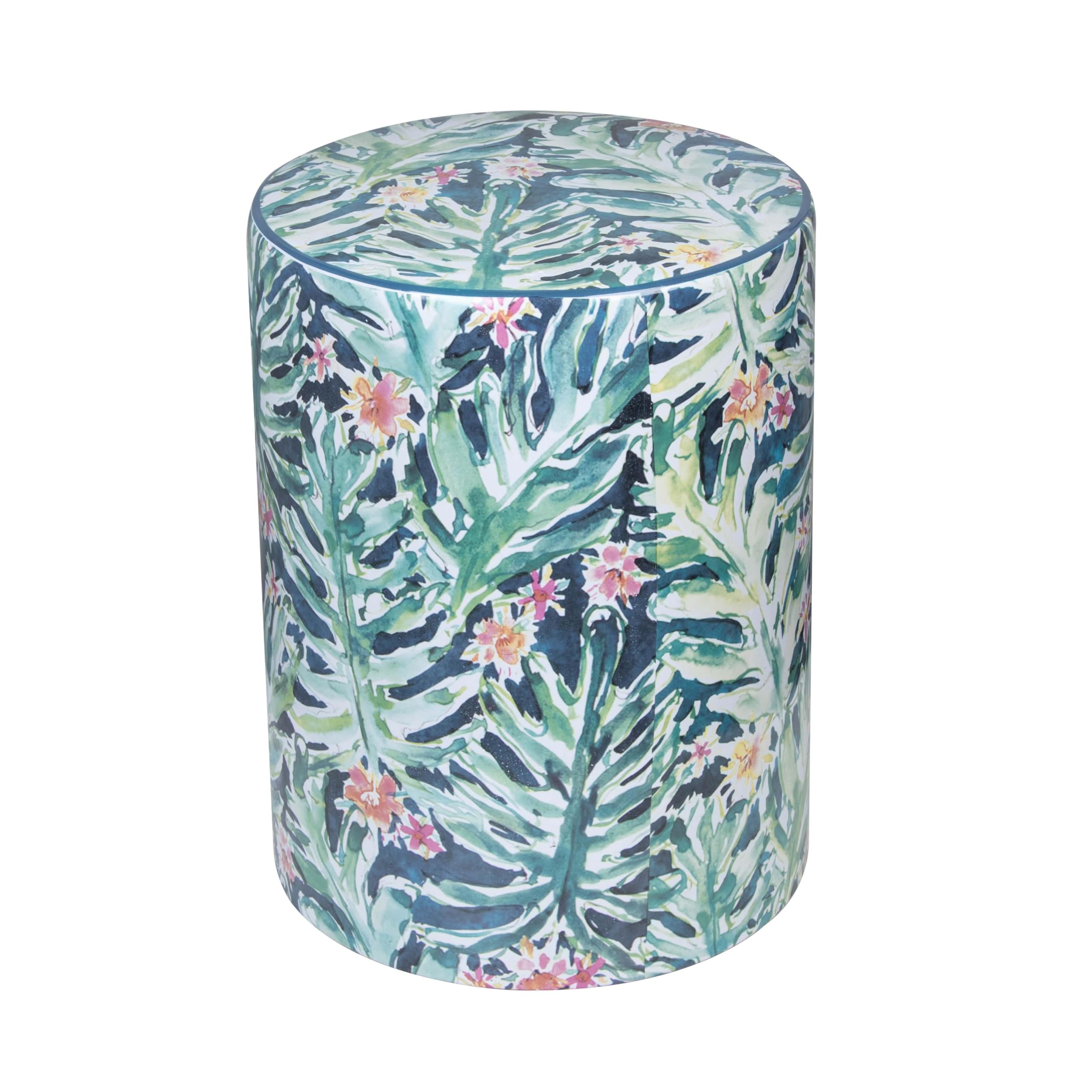 Tov Furniture Taurus Ceramic Stool with Garden Print - Decorative Outdoor & Indoor Accent Stool for Patio, Garden, Living Room, or Entryway