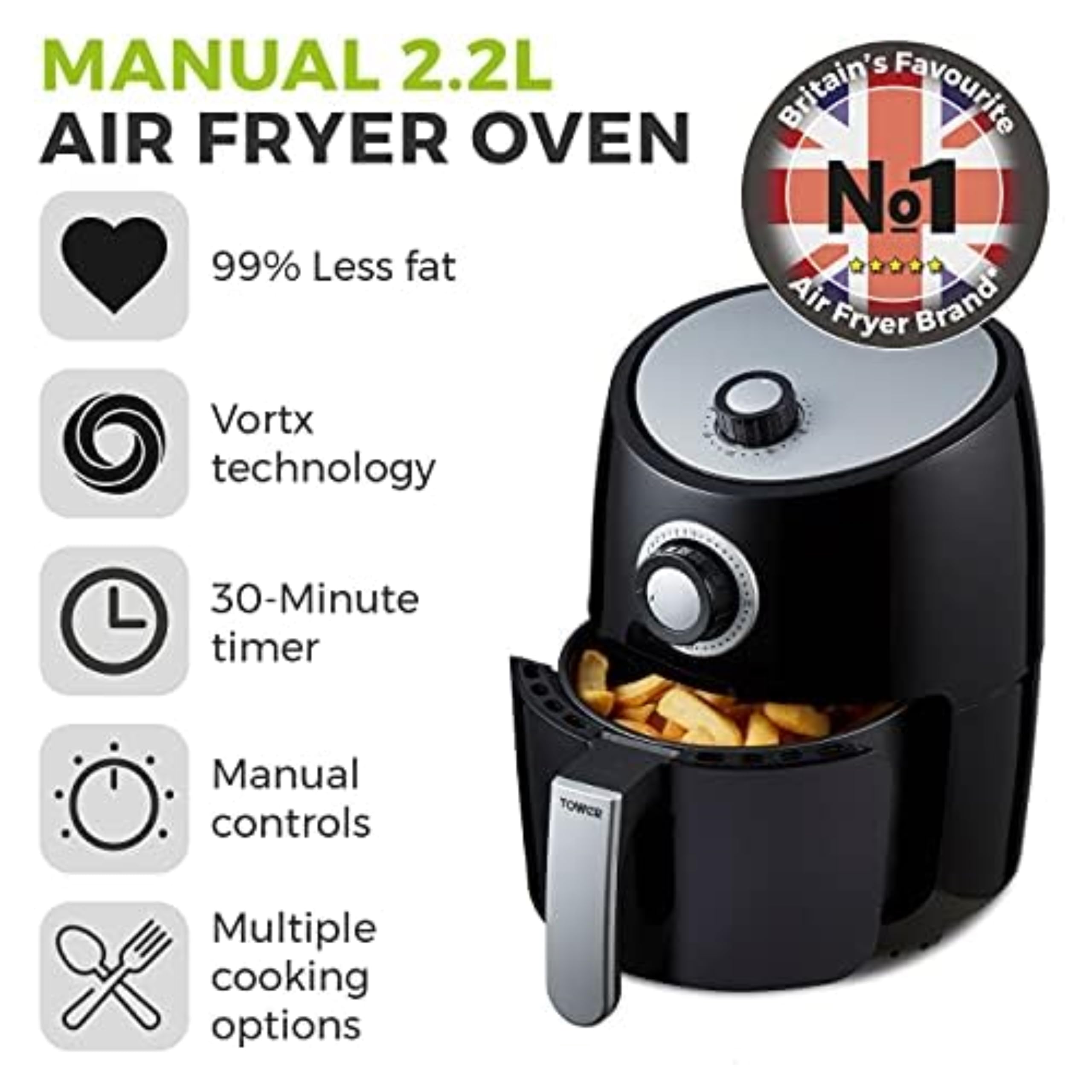 Vortex T17023 Manual Air Fryer Oven - 2.2L Black, Rapid Air Circulation, 30-Minute Timer | Healthy Frying, Crispy Snacks, Family Meals & Quick Cooking