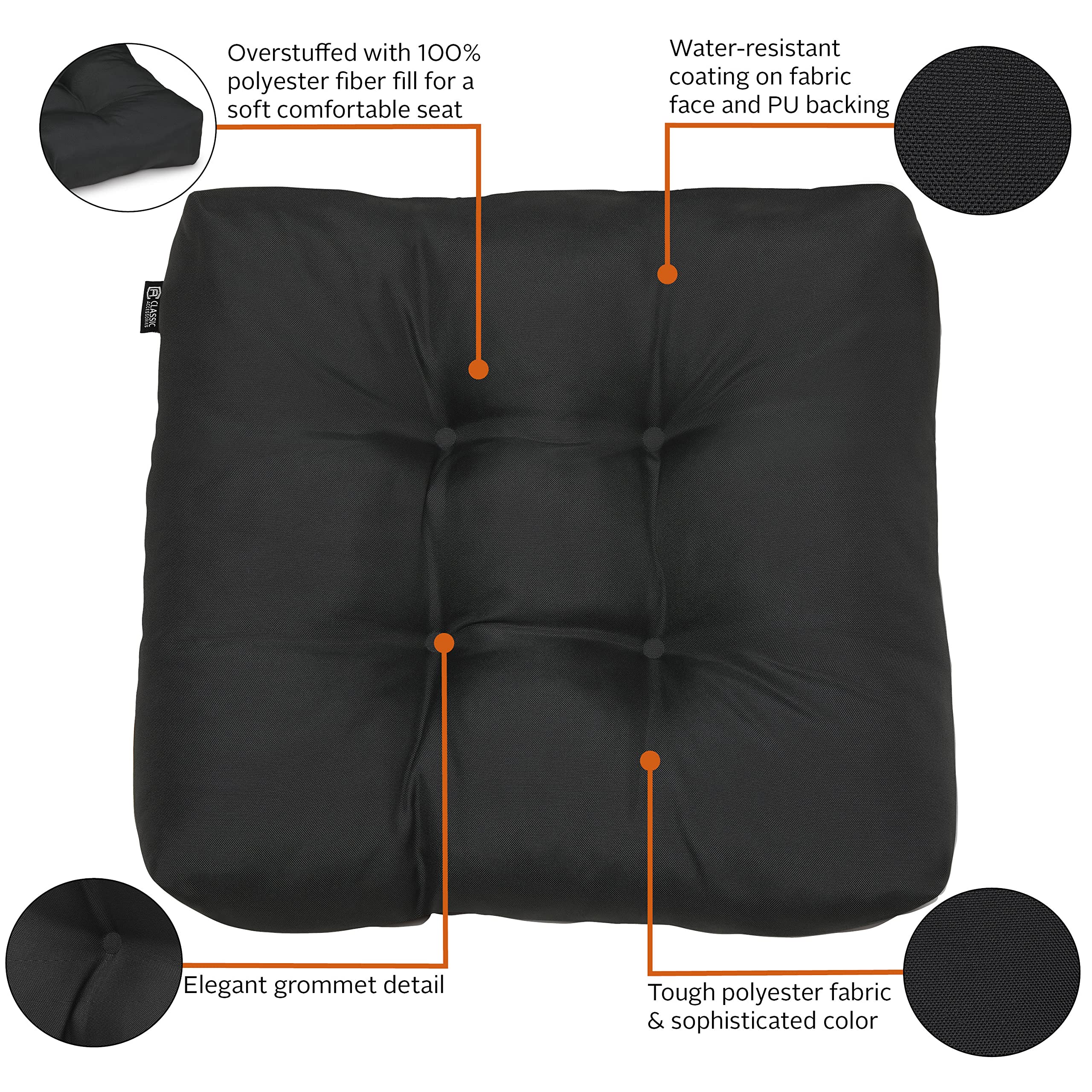 Waterproof 19x19 Inch Square Patio Cushions - 2 Pack Black for Outdoor Chairs & Loungers