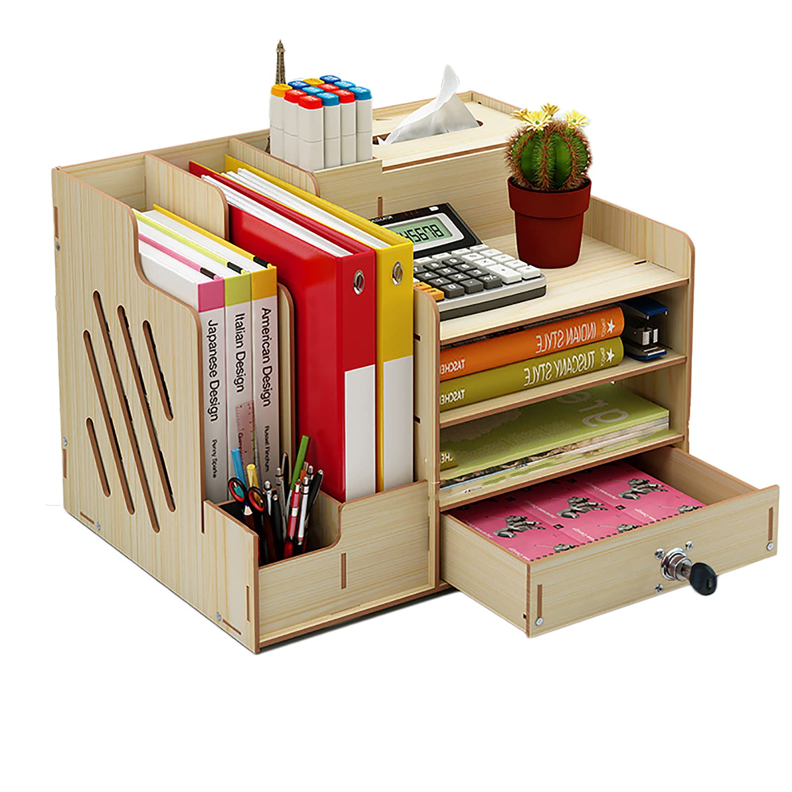Premium Wooden Desktop Organizer - Large Capacity Office Storage Box for Files, Books & Supplies | Perfect for Home Office, Study & Workspace Organization