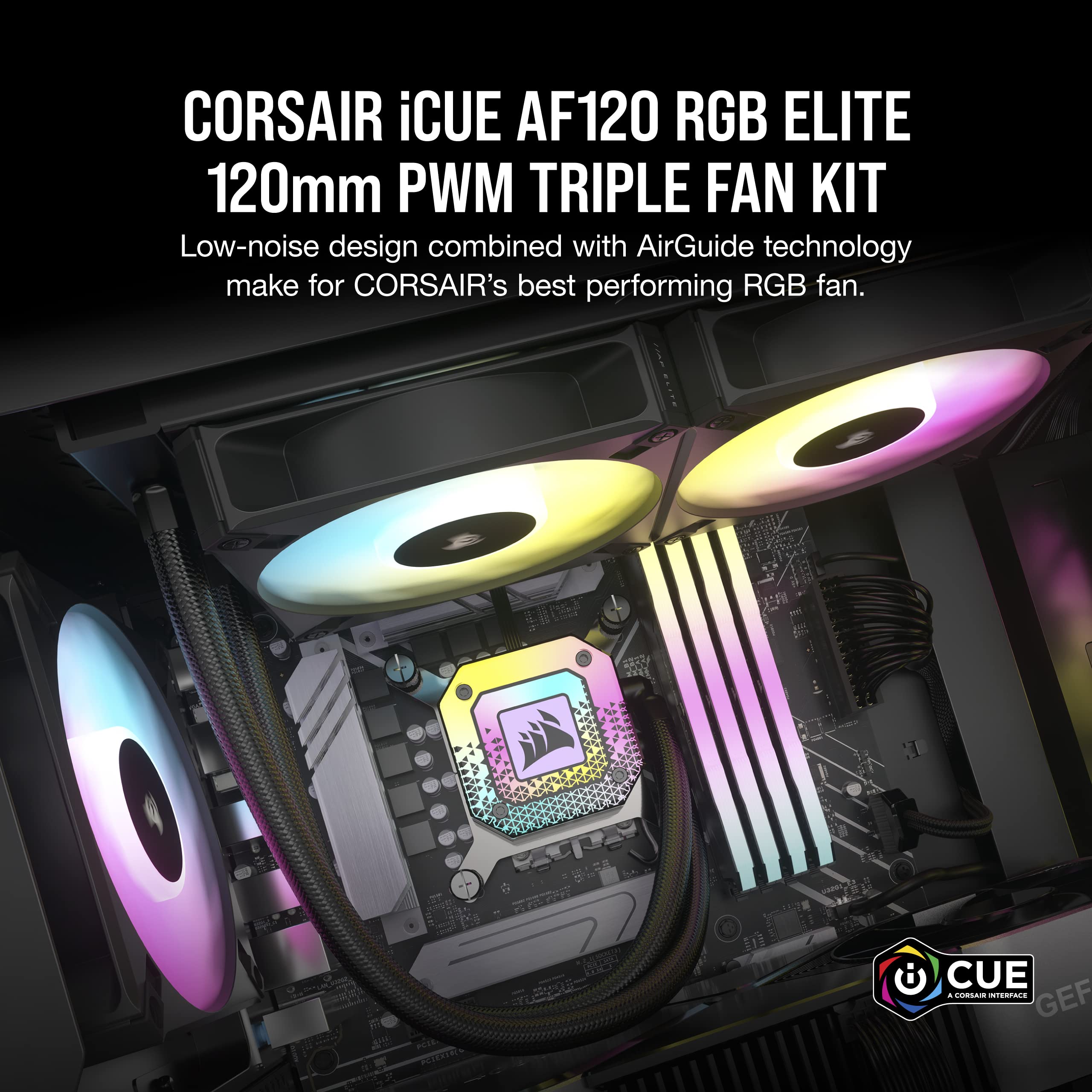 Corsair iCUE AF120 RGB Elite 120mm PWM Triple Fan Kit with 8 RGB LEDs, AirGuide Technology & Zero RPM Mode - Includes iCUE Lighting Node CORE Controller (Black, Renewed) - Perfect for PC Cooling, Gaming Rigs & Case Airflow Optimization