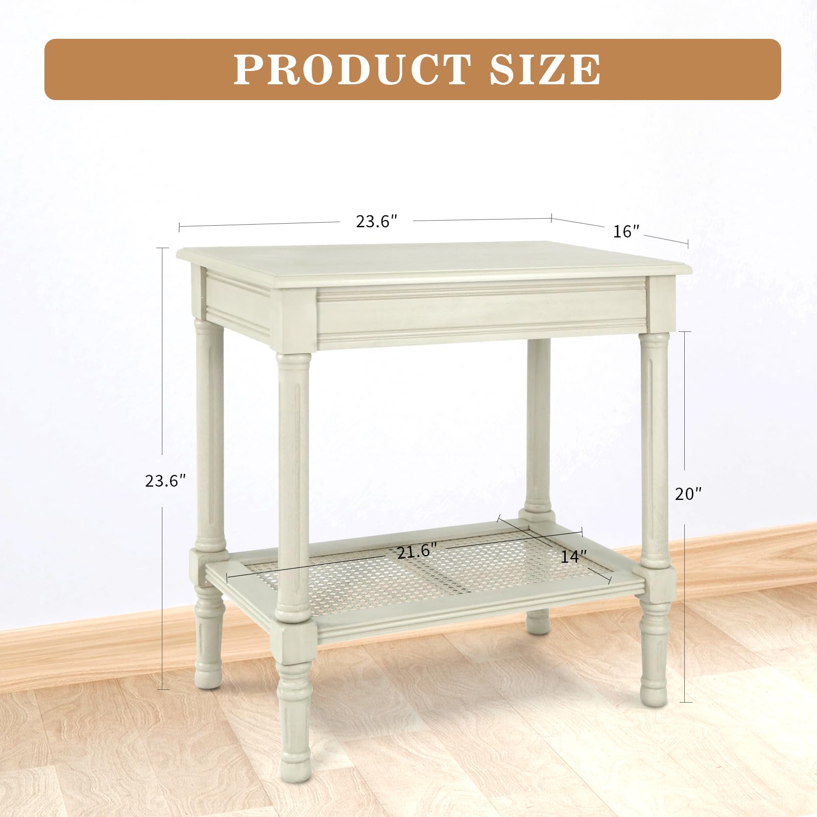 Urbanest Jamestown Side Table with Rattan Shelf - Vintage Grey End Table for Living Room, Bedroom & Patio - Small Accent Table with Storage Space