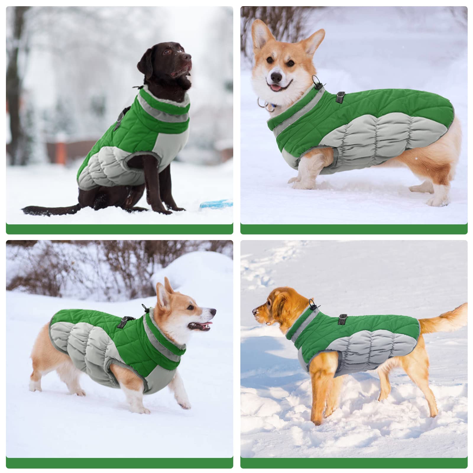 FUAMEY Waterproof Windproof Dog Winter Coat - Warm Fleece Vest with Reflective Strips & Built-in Harness | Cold Weather Snow Jacket for Large Dogs (Green, XL) | Perfect for Outdoor Walks, Hiking & Winter Adventures