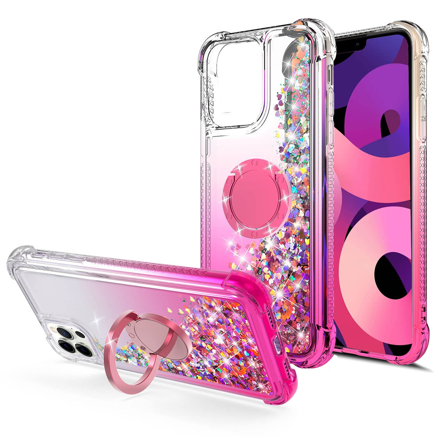 Sparkling Liquid Glitter Phone Case for iPhone 13 Pro Max (6.7 inch) - Rose Gold Floating Waterfall Design with Rotating Ring Kickstand | Durable TPU Protection | Perfect for Parties, Travel & Everyday Use
