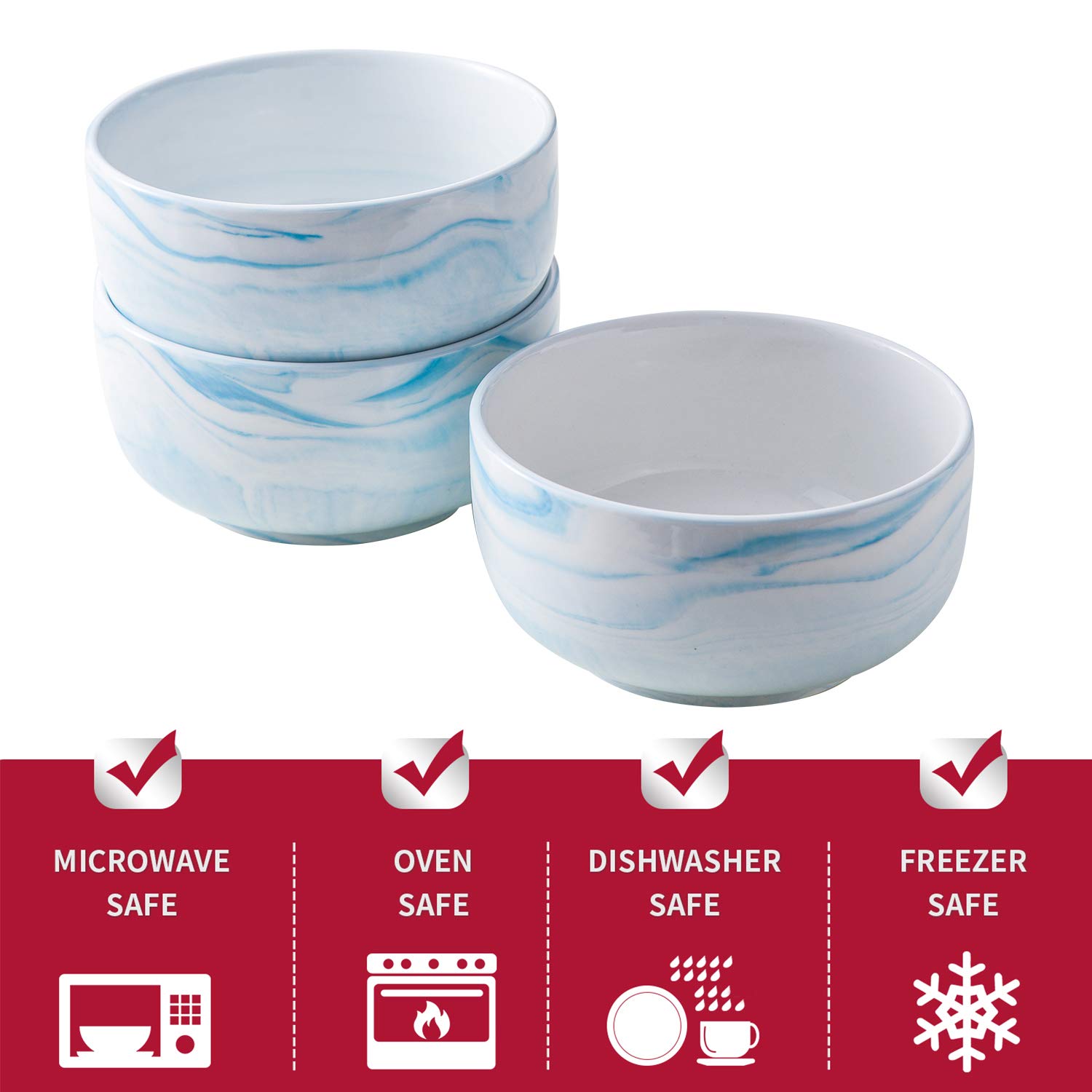 Yundu 14oz Blue Marble Porcelain Bowls Set of 6 - Microwave & Dishwasher Safe Ice Cream, Dessert, Cereal Bowls for Home, Restaurant & Party Serving