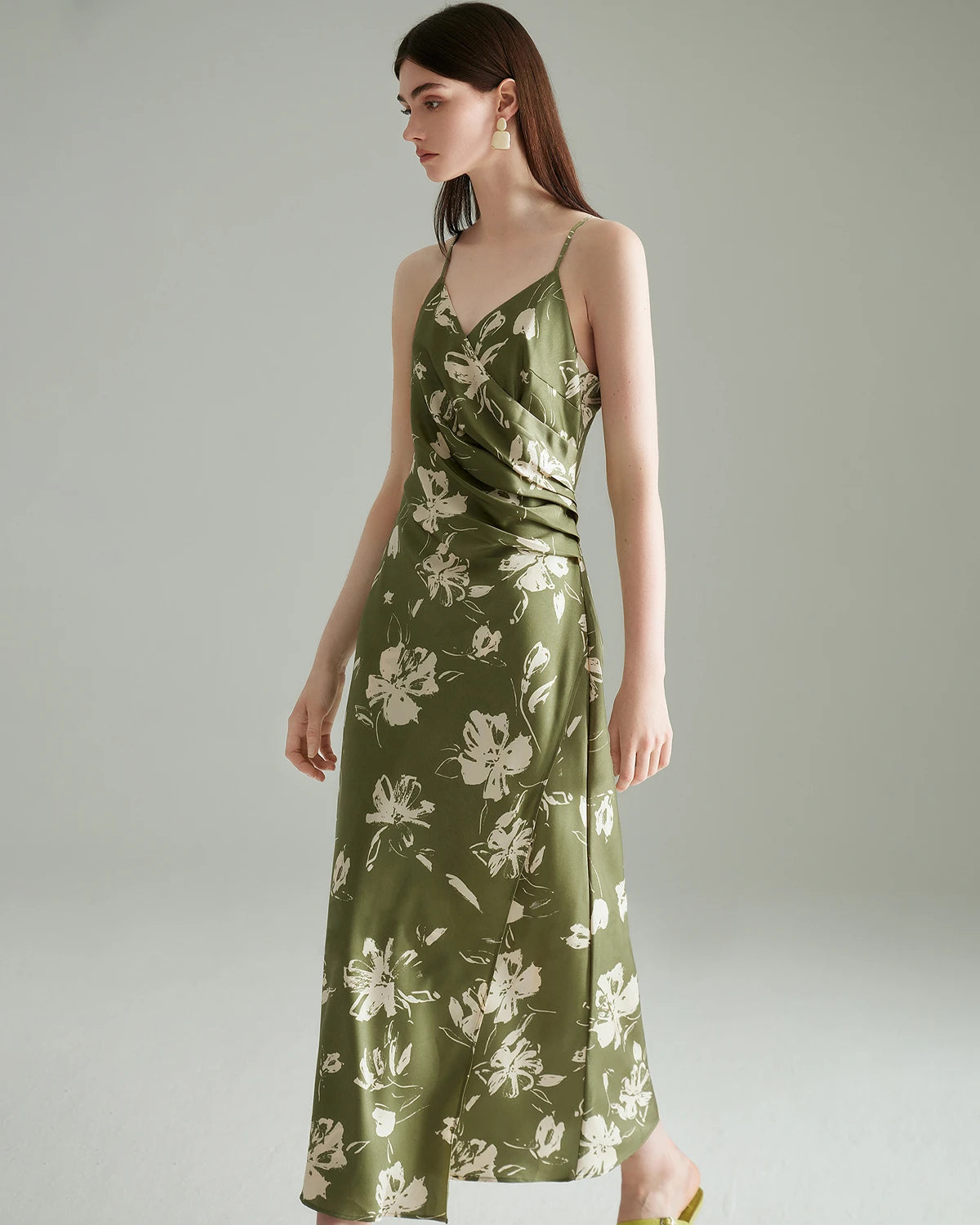 Elegant Green Floral Print Silk Dress for Women - Summer Party, Wedding Guest & Special Occasion Wear
