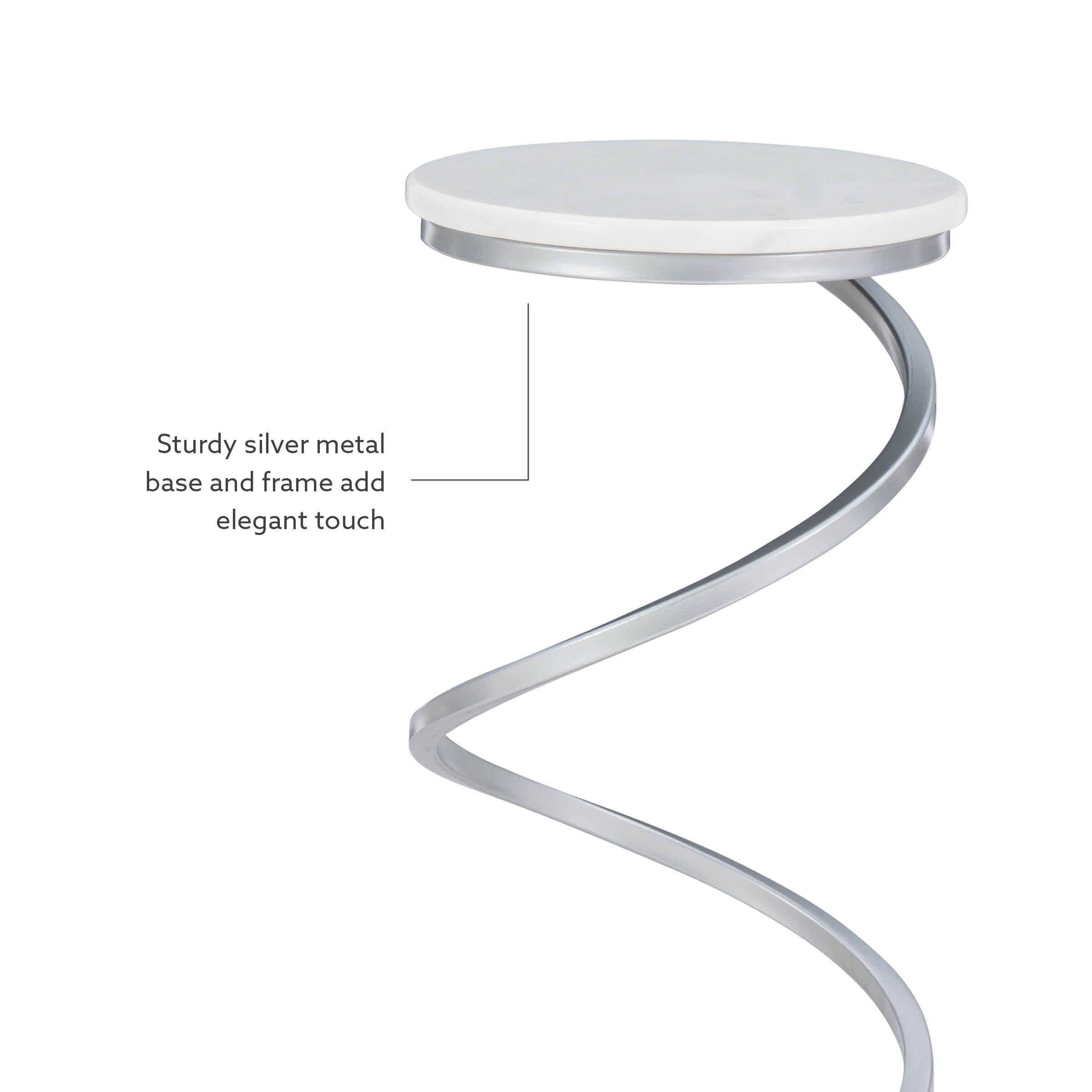 Powell Nora Table - Silver Spiral Metal Base with White Marble Top - Modern Drink Table for Living Room, Bedroom, or Office