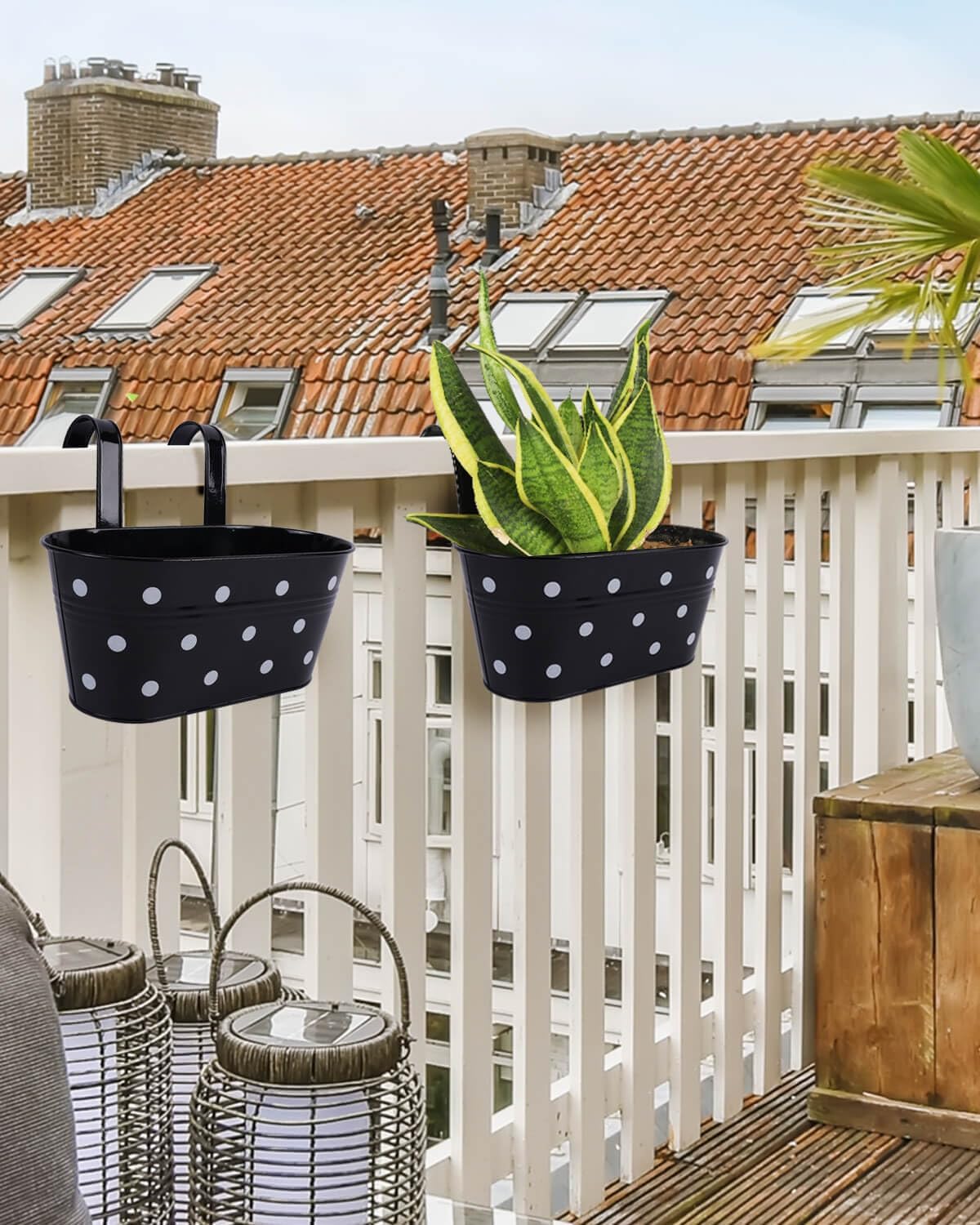 Vensovo 3-Pack Black Metal Railing Planters for Outdoor - Oval Hanging Planter Box with Detachable Hooks & Drain Holes - Perfect for Balcony, Garden Fence & Deck Decor (Spot Design)