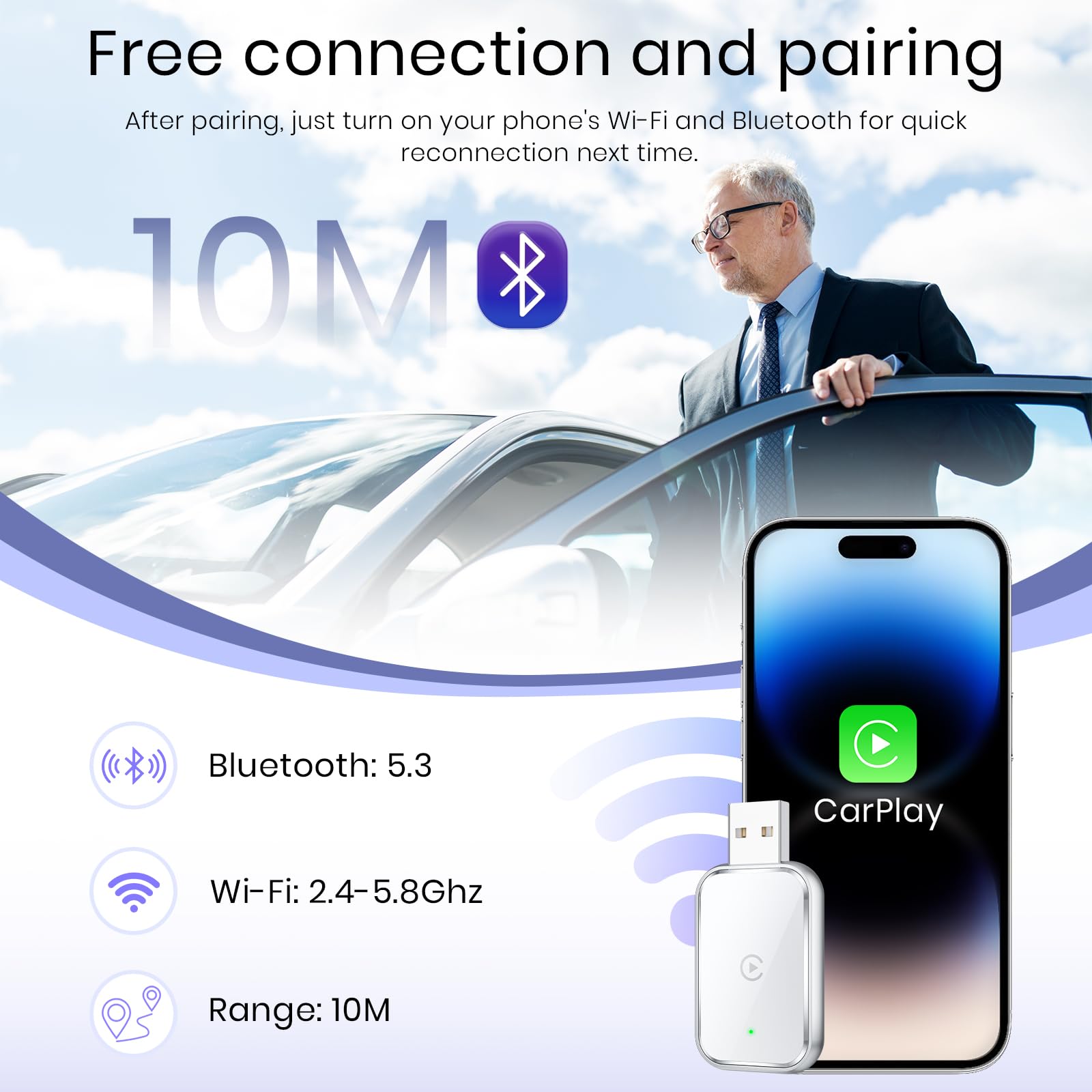 Wireless CarPlay Adapter for iPhone - Convert Wired to Wireless Apple CarPlay Dongle - Mini USB & USB-C/Type-C Adapter with Extension Cable - Fast & Stable Connection - No Delay - White - Perfect for Commuting, Road Trips & Hands-Free Driving
