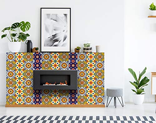 Mi Alma 24-Piece Talavera Tile Stickers - 8x8 Inch Peel and Stick Wall Decals for Easy Application | Perfect for Bathroom & Kitchen Tile Decor, Spanish Style Home Renovation