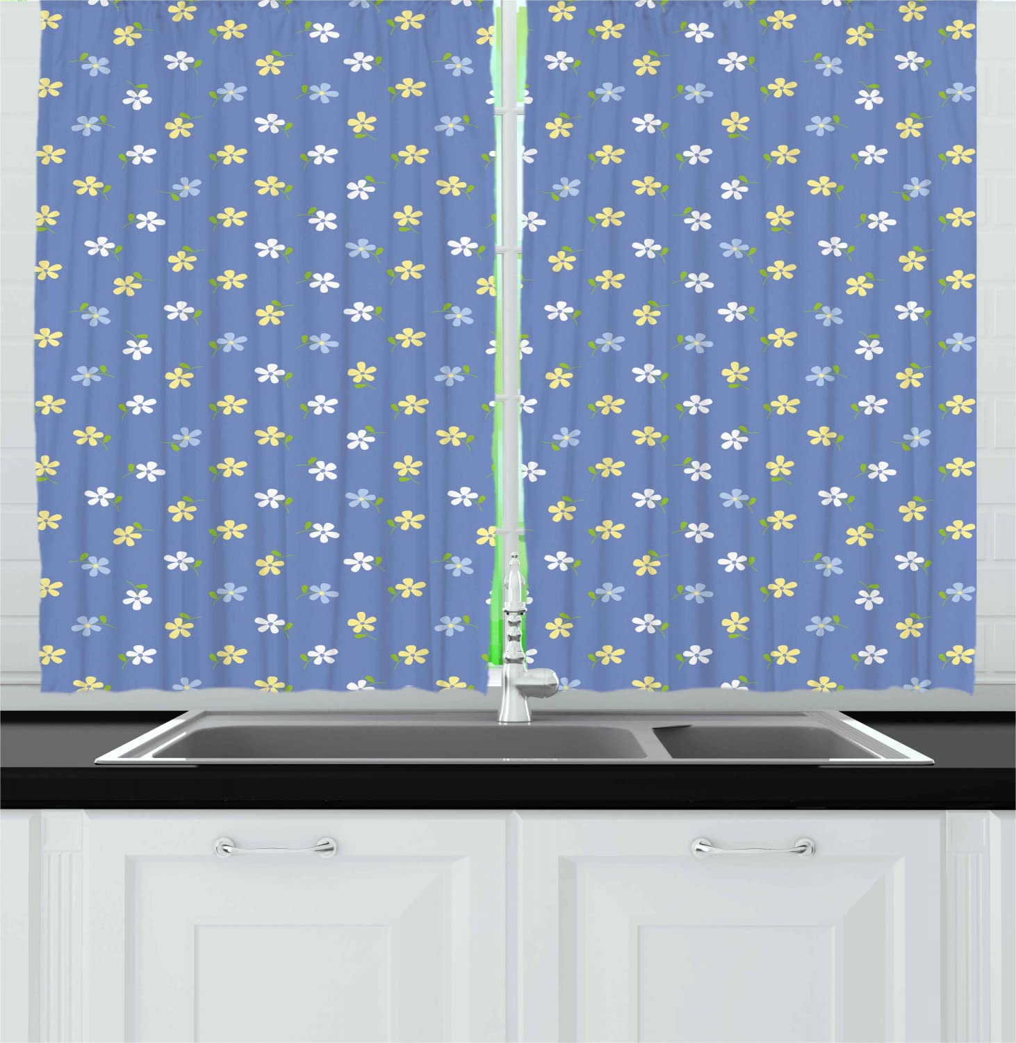 Ambesonne Floral Long Kitchen Curtains - White & Yellow Daisy Print Spring Garden Theme Drapes with Rod Pocket, 55