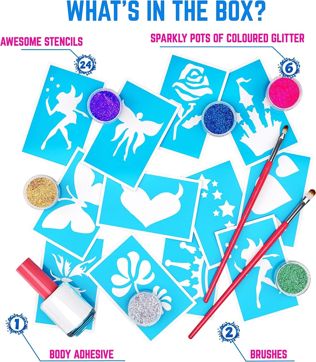 GirlZone 33-Piece Glitter Tattoo Kit for Kids - Non-Toxic & Skin-Friendly Temporary Tattoo Set with 24 Stencil Designs, 6 Cosmetic Glitters, 2 Brushes & Adhesive - Perfect for Birthday Parties, Halloween, Valentine's Day & Easter Gifts