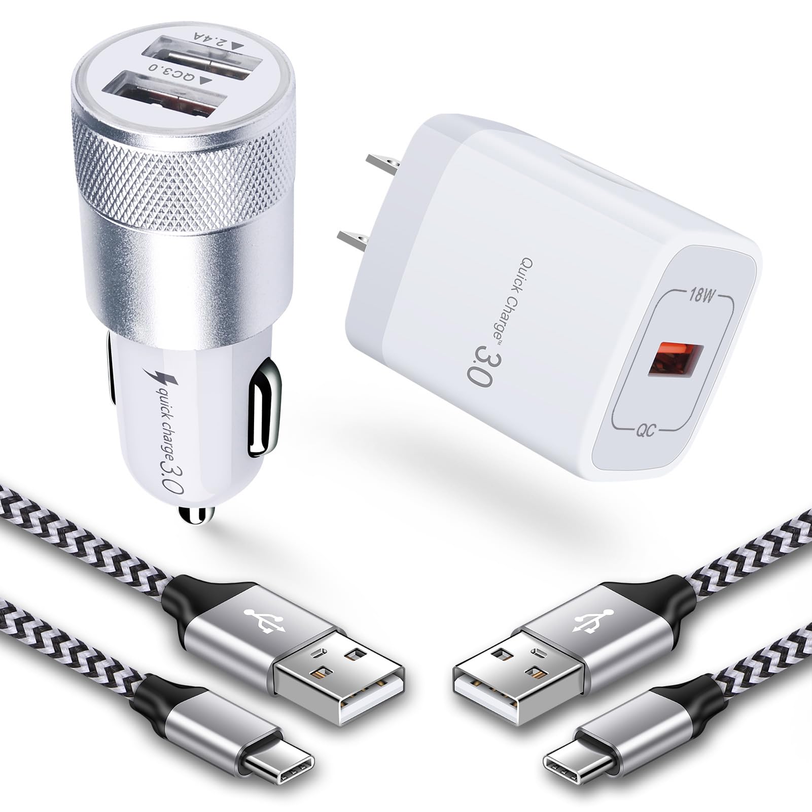 Fast Charging Kit for Samsung Galaxy & iPhone - 3.0 QC Wall Charger + Rapid Car Adapter + 2 USB C Cables (3FT) - Perfect for Home, Office & Travel Charging