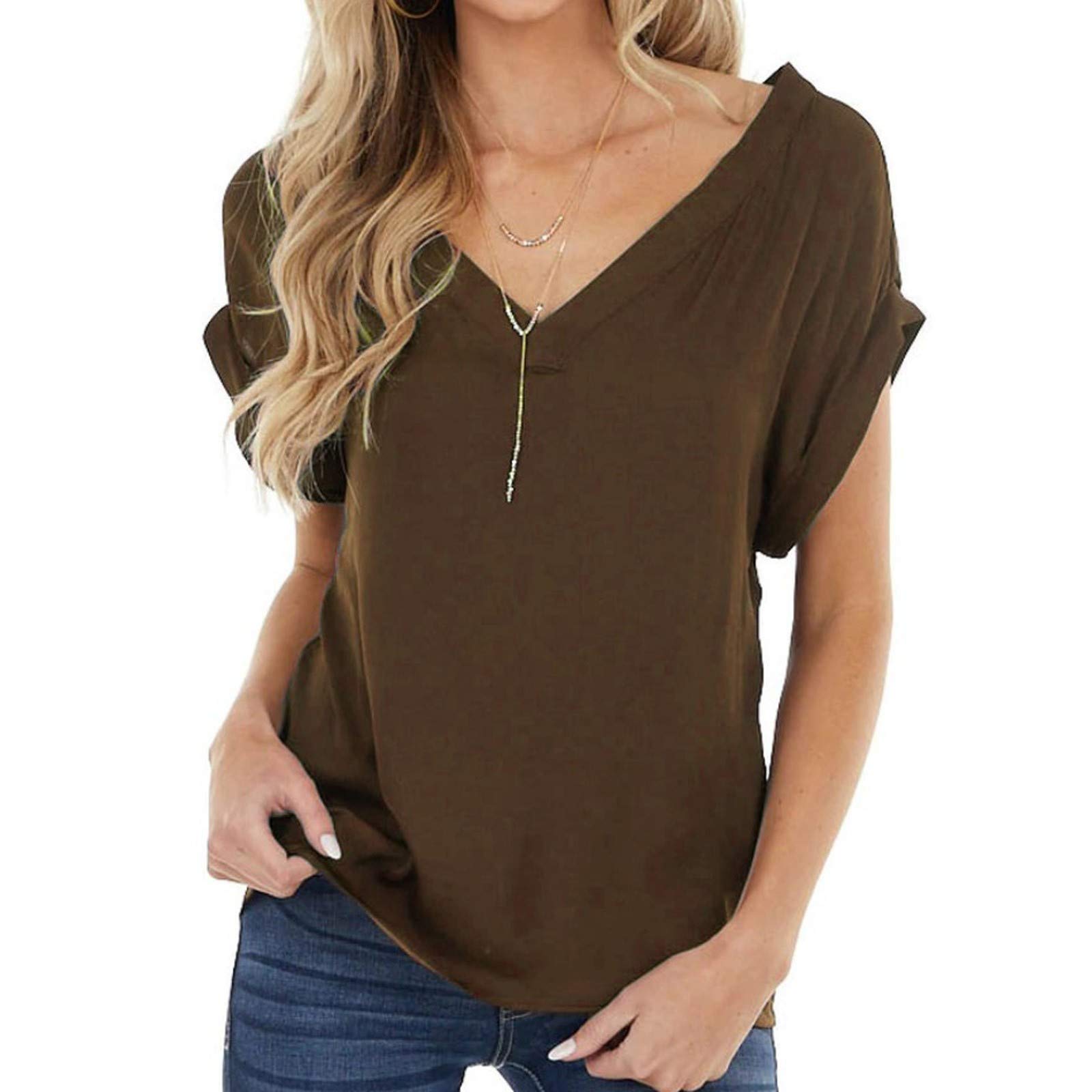 Women's V-Neck Short Sleeve Tunic Top - Flowy Petal Sleeve Casual Shirt, Solid Color Summer Blouse for Everyday Wear, Office & Outings