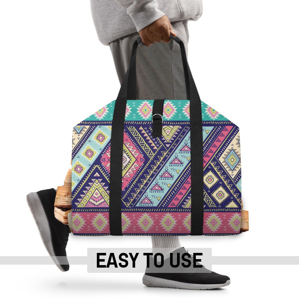 Durable Firewood Storage Bag with Handles - Heavy Duty Log Carrier Tote for Indoor & Outdoor Use - Mandala Paisley Design Wood Bag for Fireplace, Camping, Wood Stove & Campfire Accessories - Perfect for Home, Backyard & Outdoor Adventures