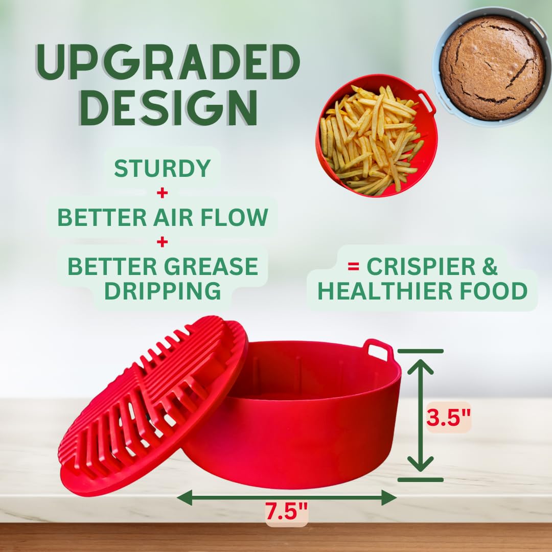 Reusable Silicone Air Fryer Basket – BPA-Free Non-Stick Liner for Air Fryers (7.5 Inch, Red) | Perfect for Cooking French Fries, Chicken Wings & Vegetables