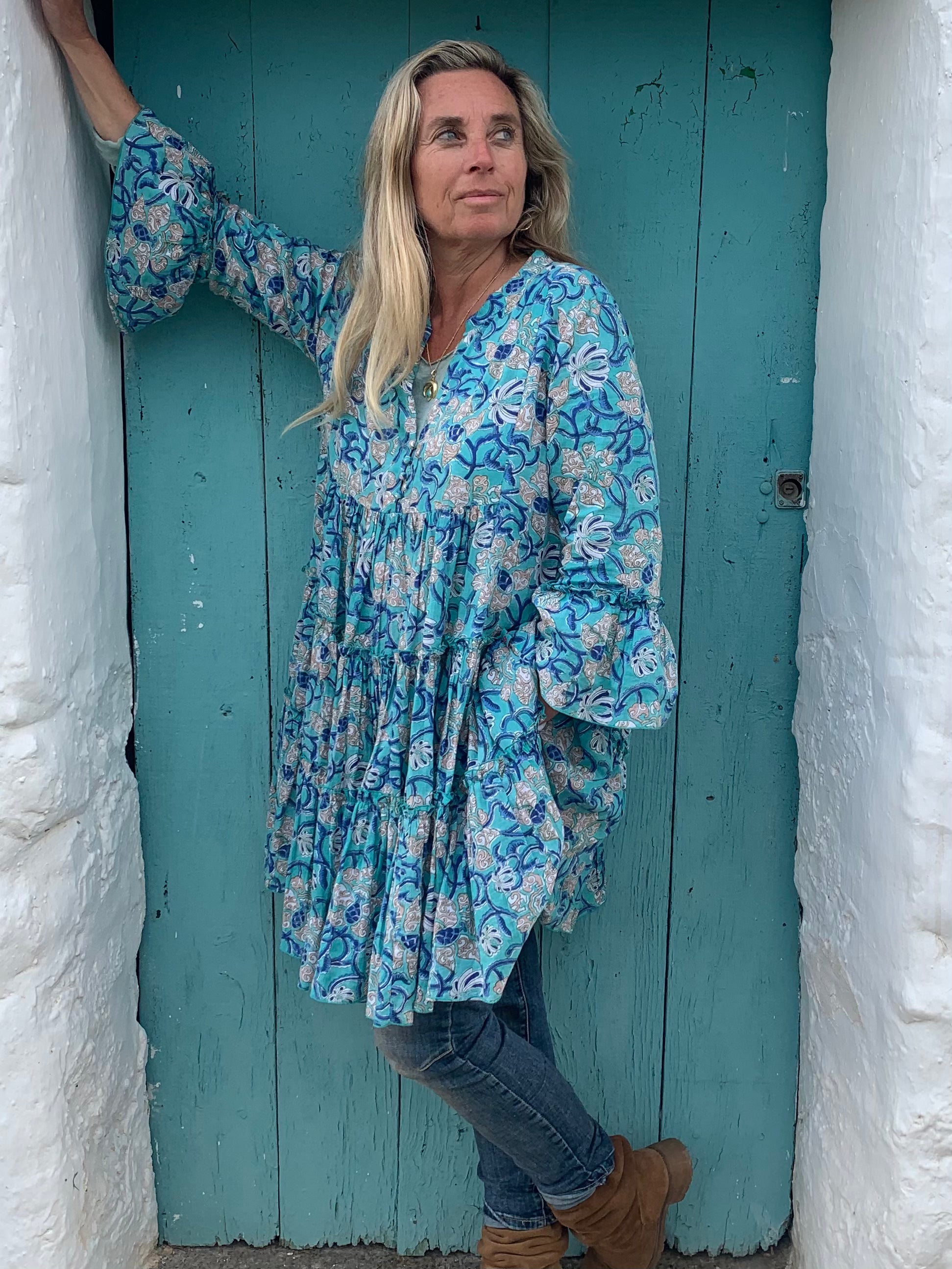 Geo Short Dress with Pearl Turquoise Details - Perfect for Summer Outings, Beach Vacations & Casual Events
