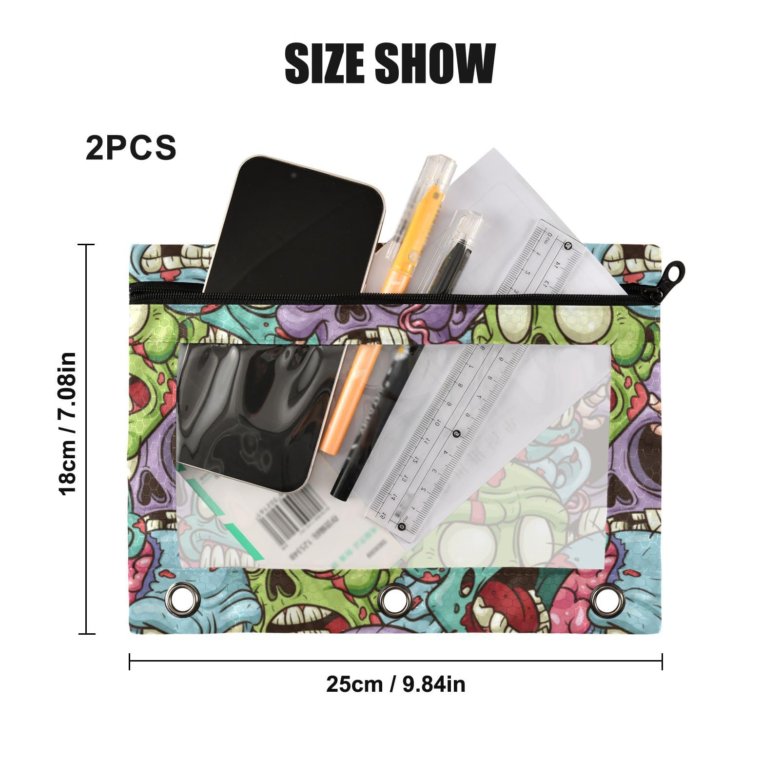 Wudan Colorful Yelling Zombie 3-Ring Binder Pencil Pouch 2-Pack - Clear Waterproof Plastic Pencil Case with Zipper for School, Office & Travel - Perfect for Organizing Pens, Cosmetics & Documents