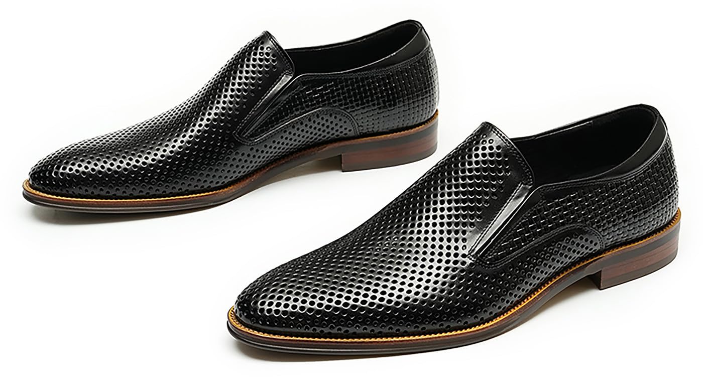 Men's Genuine Leather Penny Loafers - Slip On Dress Casual Shoes for Business & Formal Wear - Comfortable Hollow Design Summer Walking Shoes for Office, Wedding & Daily Outfits