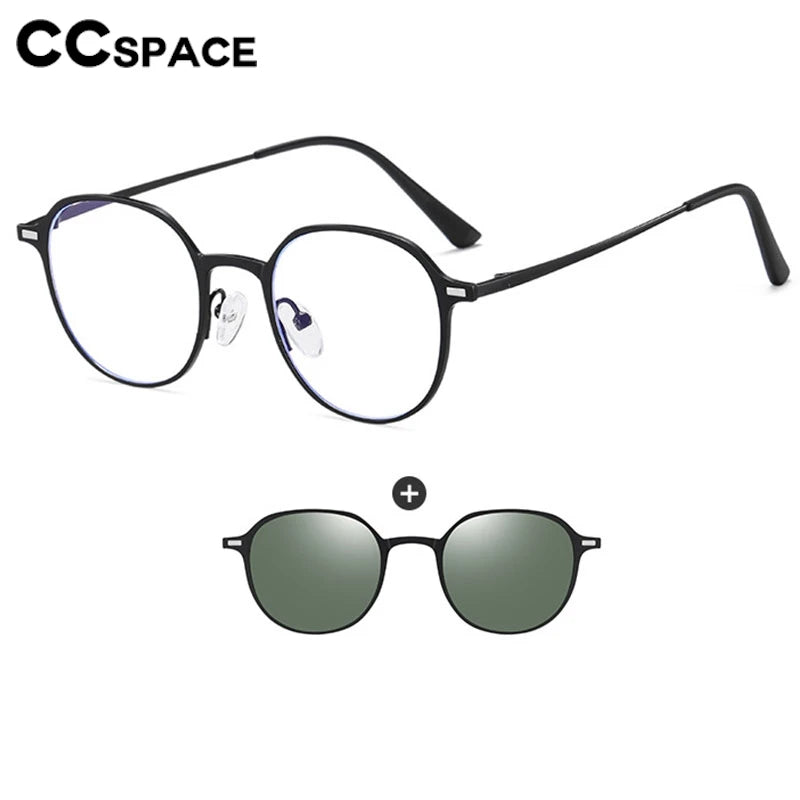 CCspace Women's Full Rim Round Alloy Eyeglasses with Clip-On Sunglasses - Stylish Prescription Glasses & UV Protection Shades for Work, Driving, and Outdoor Activities (Model 302078)