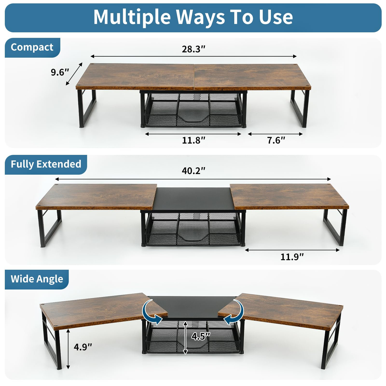 Dual Monitor Stand Riser with Drawer - Rustic Brown Desk Organizer for Office Workspace | Computer Monitor Stand for Laptop, Printer & TV | Perfect for Home Office Setup & Workspace Organization