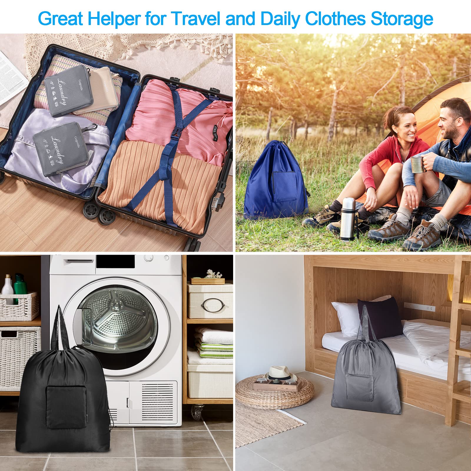 GOGOODA XL Large Travel Laundry Bags with Drawstring Closure - Foldable Dirty Clothes Storage with Handle, Heavy Duty & Washable for College Dorm, Travel, Camping - 2 Pack Beige | Perfect for Organizing Laundry on Trips, in Dorms & Outdoor Adventures