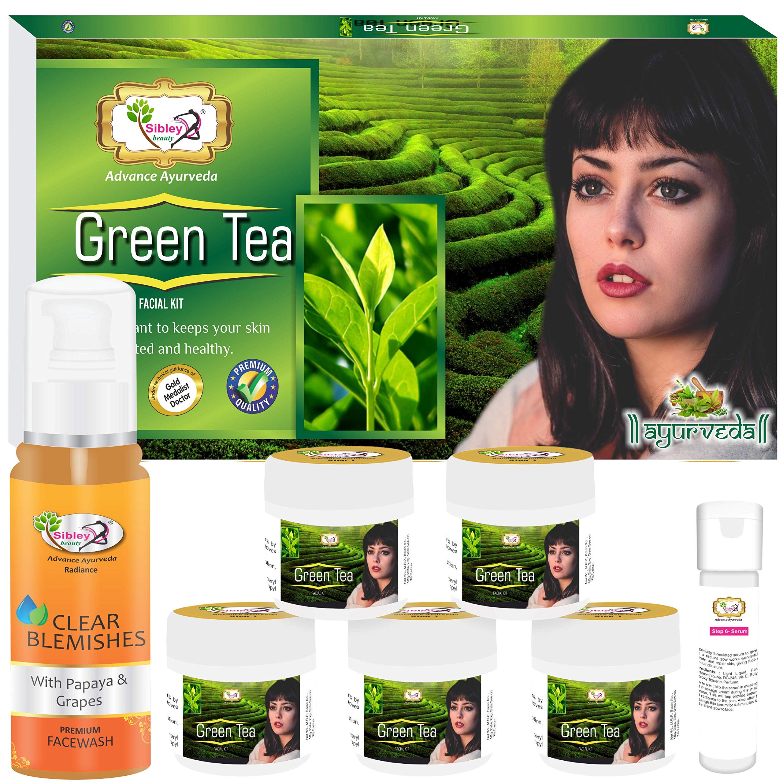 Sibley Beauty Green Tea Facial Kit (165g) & Papaya Anti-Blemish Face Wash (100ml) Combo Pack of 6 - For Men & Women with Oily, Dry, Combination Skin | Deep Cleansing & Brightening Skincare Routine