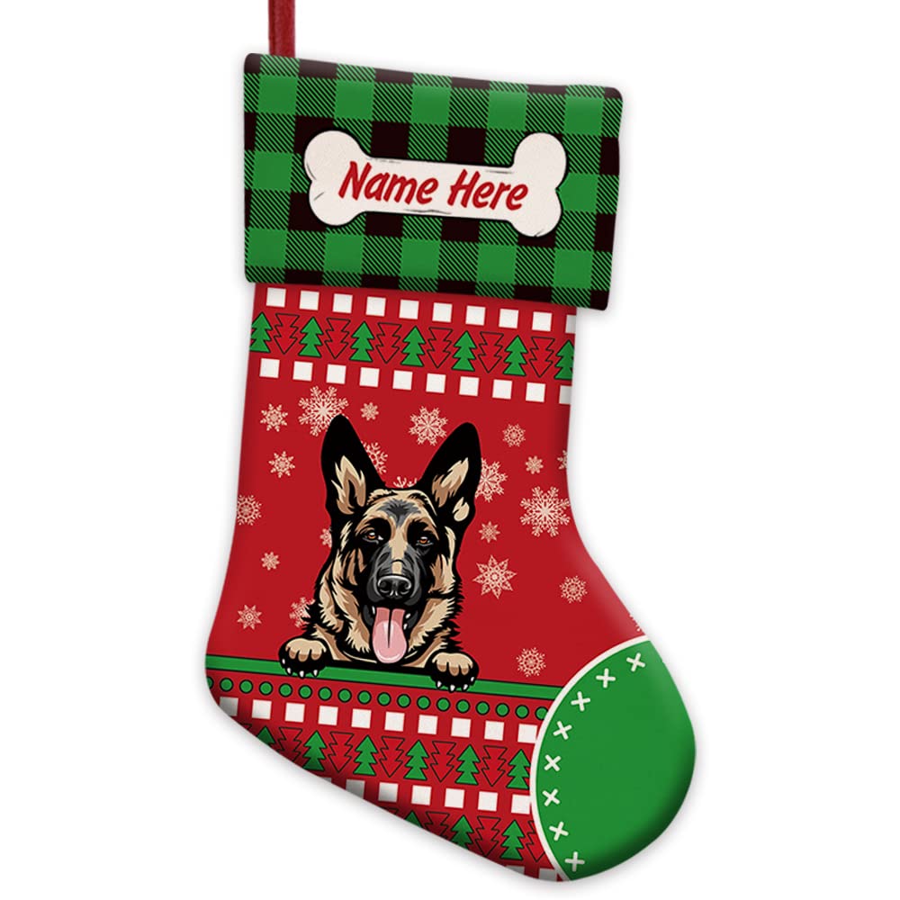 Personalized Merry Christmas Stockings - Red with Cute Puppy German Shepherd Bone & Green Buffalo Plaid Snowflake Design - 14.4 Inch Holiday Decor for Fireplace, Gift Giving & Festive Home Decoration