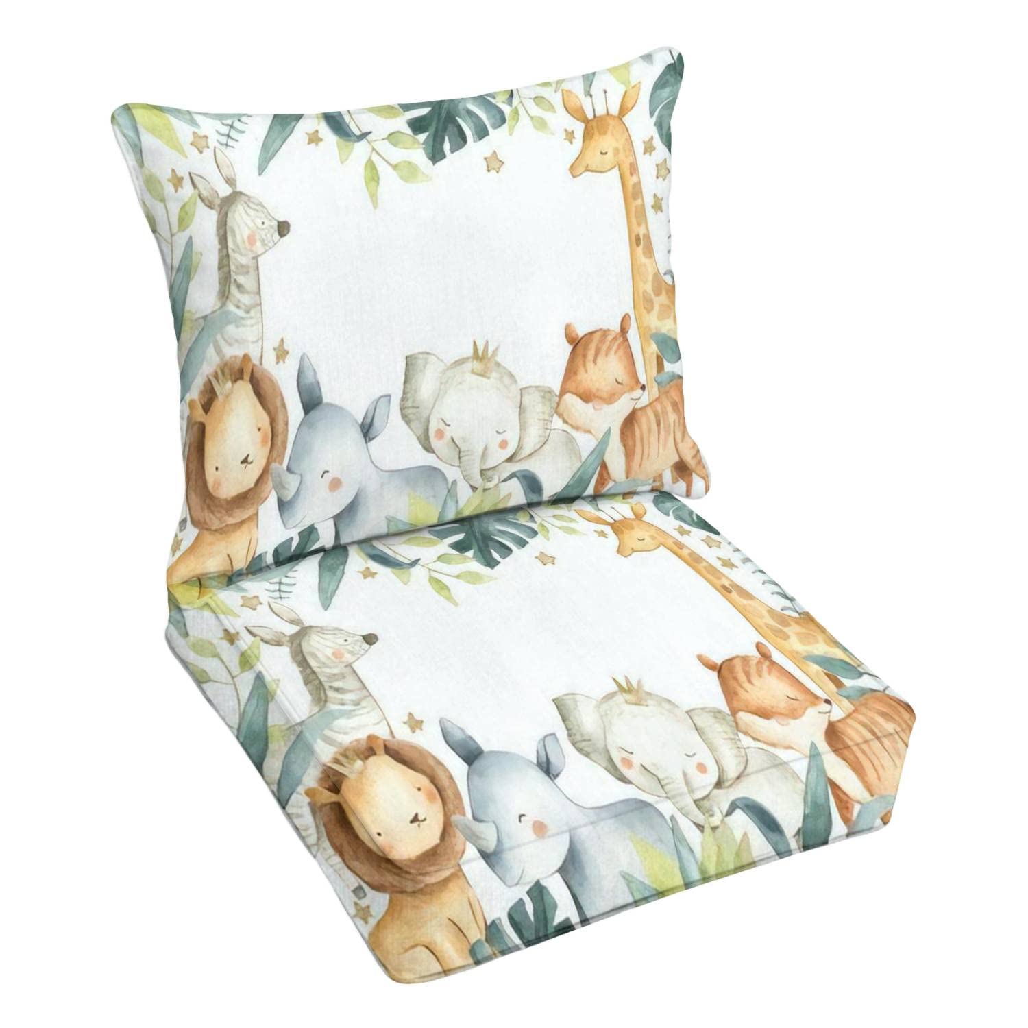 Premium Outdoor Deep Seating Cushion Set - Safari Animals Watercolor Design with Elephant, Lion, Zebra & Giraffe - Patio Furniture Replacement Cushions for Lounge Chairs, Sofas & Conversation Sets - Perfect for Backyard, Garden & Poolside Relaxation