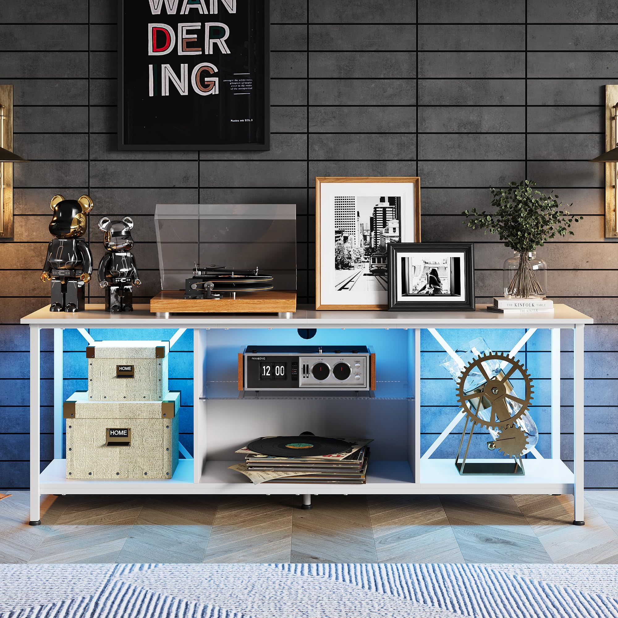 **WLIVE 65 Inch TV Stand with LED Lights, Industrial TV Console with Glass Shelves for Living Room & Bedroom - Modern Entertainment Center for 55-65 Inch TVs (White) - Perfect for Home Theater & Stylish Decor**