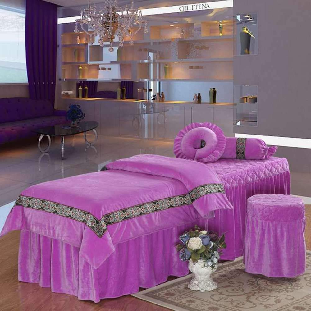 Luxury European Style Velvet 4-Piece Massage Table Sheet Set with Face Rest Hole - Soft Plush Bed Cover for Spa & Salon (70x190cm/28x75inch, Purple) - Perfect for Professional Massage Therapy, Facial Treatments & Relaxation Sessions
