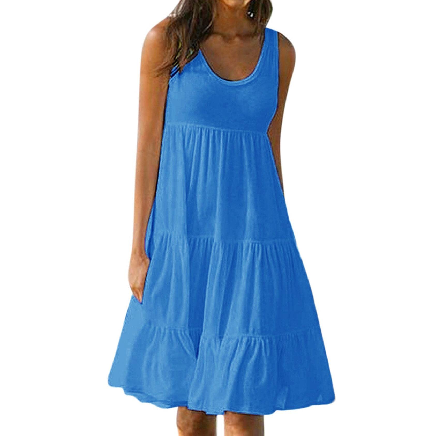 iLUGU Women's Summer Beach Dress - Solid Color Sleeveless Party Midi Dress for Casual Outings, Vacations & Evening Events