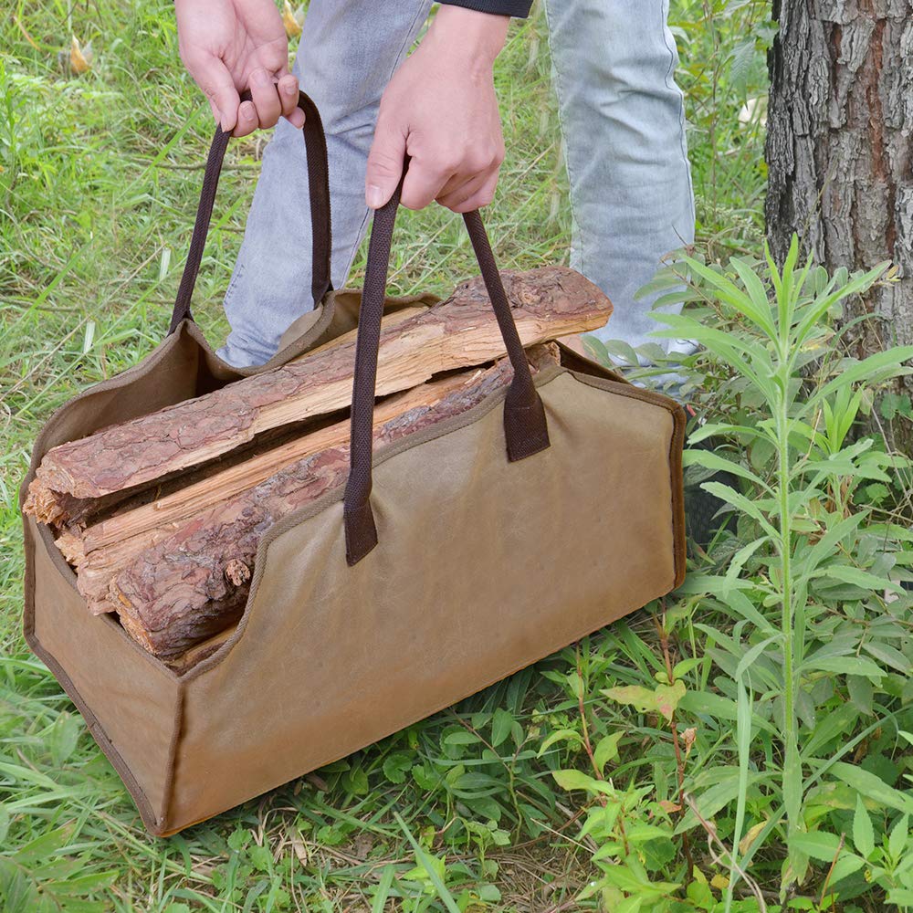 Heavy Duty Waxed Canvas Firewood Log Carrier Tote Bag - Large Wood Carrying Bag for Fireplace, Camping, Wood Stove & Cabin - Indoor/Outdoor Use with Reinforced Handles & Stain Resistant Finish - Perfect for Firewood Storage, Camping Trips & Cozy Cabin Nights