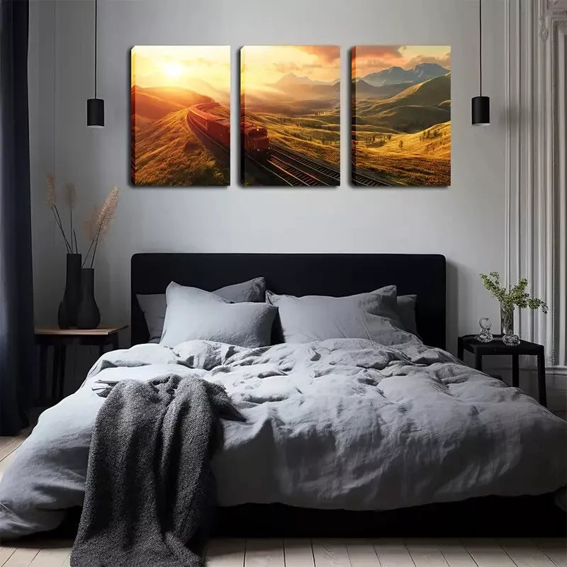 3-Piece Scenic Mountain Train Warm Sunset Landscape Wall Art Set - Framed Canvas 40x60cm (16x24in) - High Quality Print, 100% Australian Made, Ready to Hang - Perfect for Living Room, Bedroom & Office Decor