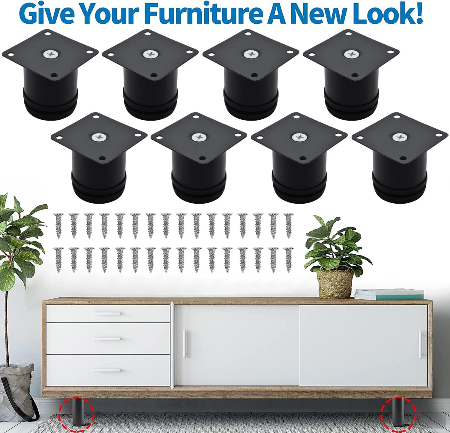 2.5 Inch Adjustable Stainless Steel Furniture Legs - Round Black Metal Cabinet Legs for Coffee Table, Desk, Sofa & Shelves (Pack of 8) | Durable & Stylish Home Decor Upgrade for Modern Living Spaces
