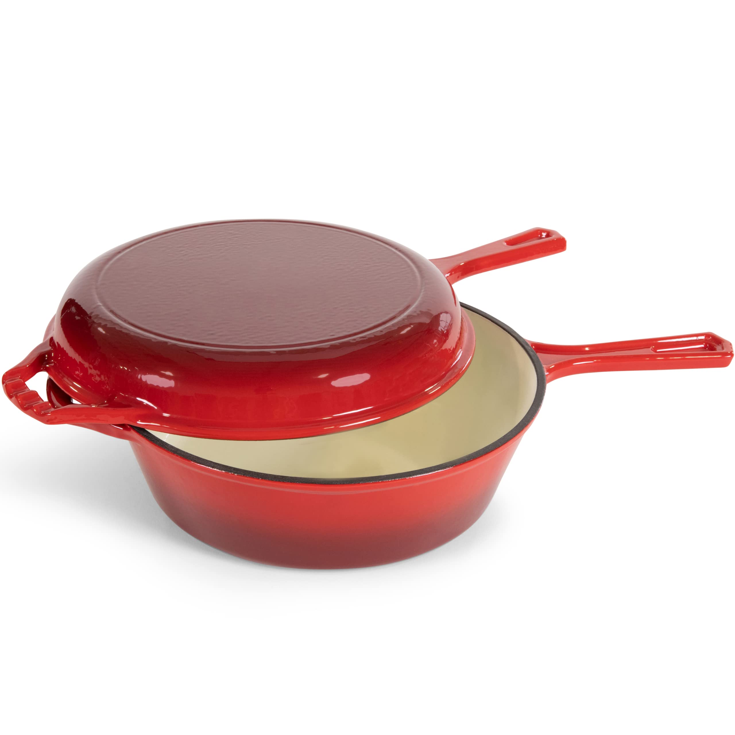 2-in-1 Enameled Cast Iron Dutch Oven with Skillet Lid - 5 Quart Fire Red Cookware for Induction, Gas, Electric & Oven Use - Bruntmor Multi-Cooker for Braising, Baking, Frying & Camping Cooking