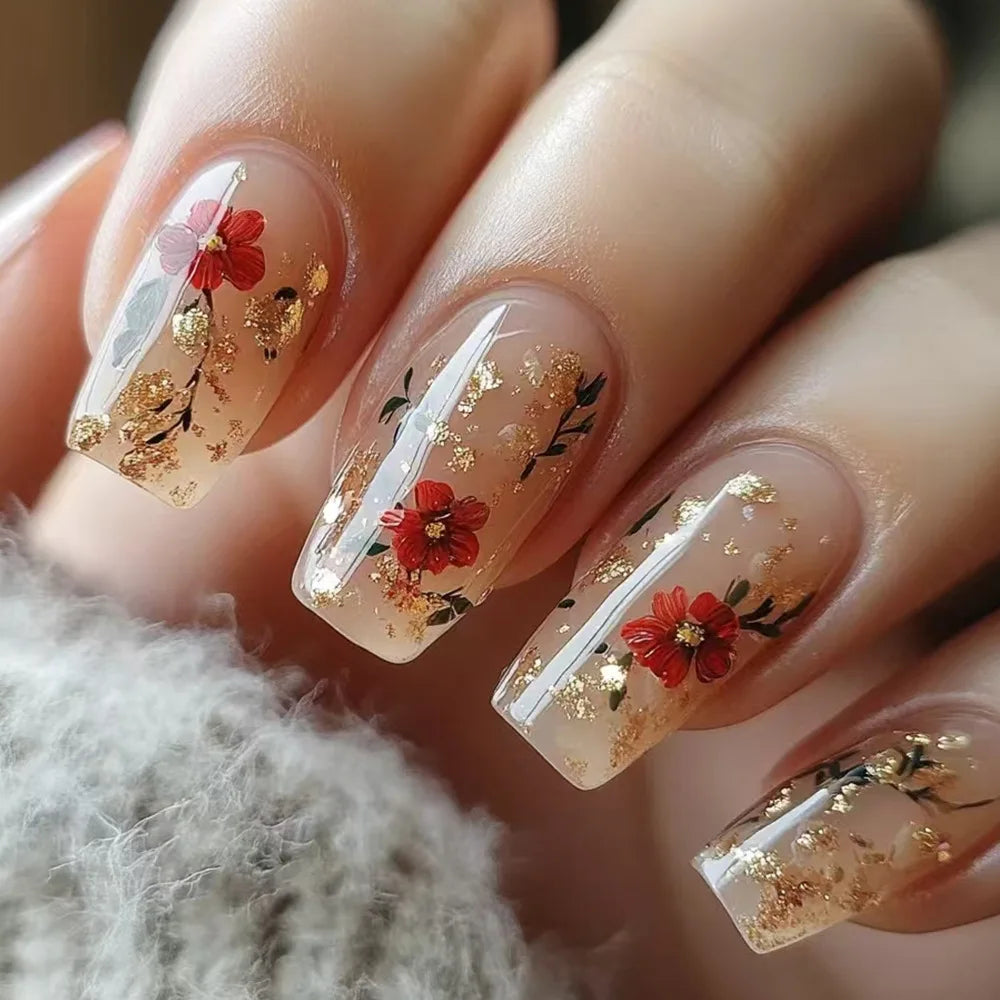 24Pcs Gold Foil Glitter Rose French Ballet Acrylic Fake Nails - Elegant Press on Nails with Floral Design for Women, Perfect for Parties, Weddings & Special Occasions