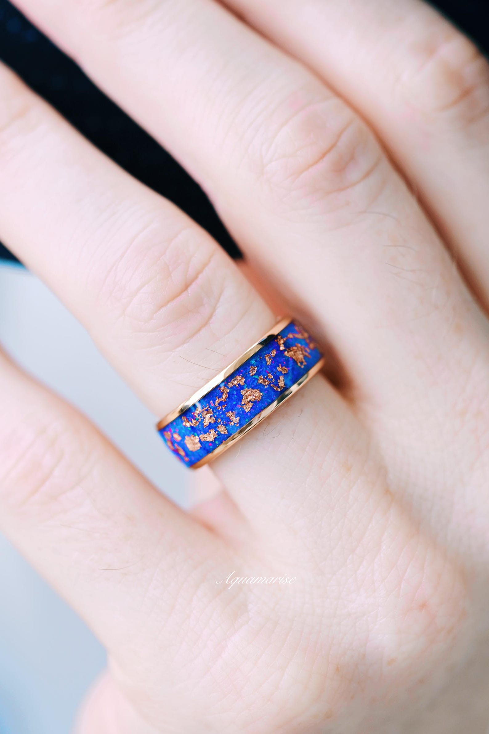 Starry Night Van Gogh Inspired Fire Opal Wedding Band - 8MM Rose Gold Tungsten Ring for Women & Men - Perfect for Engagement, Anniversary & Romantic Gifts