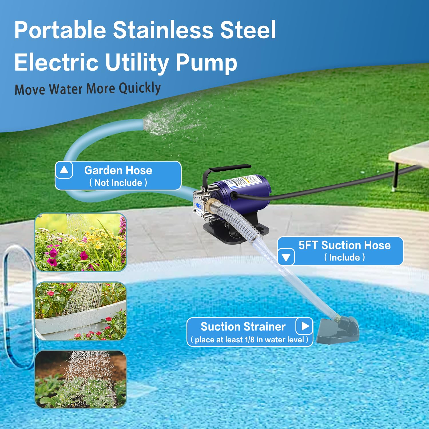 115V 1/10HP Portable Electric Water Transfer Pump Kit - 330 GPH Self Priming Utility Pump for Household, Garden, Pool, Aquarium & Rain Barrel - Ideal for Water Removal, Drainage & Emergency Flood Control