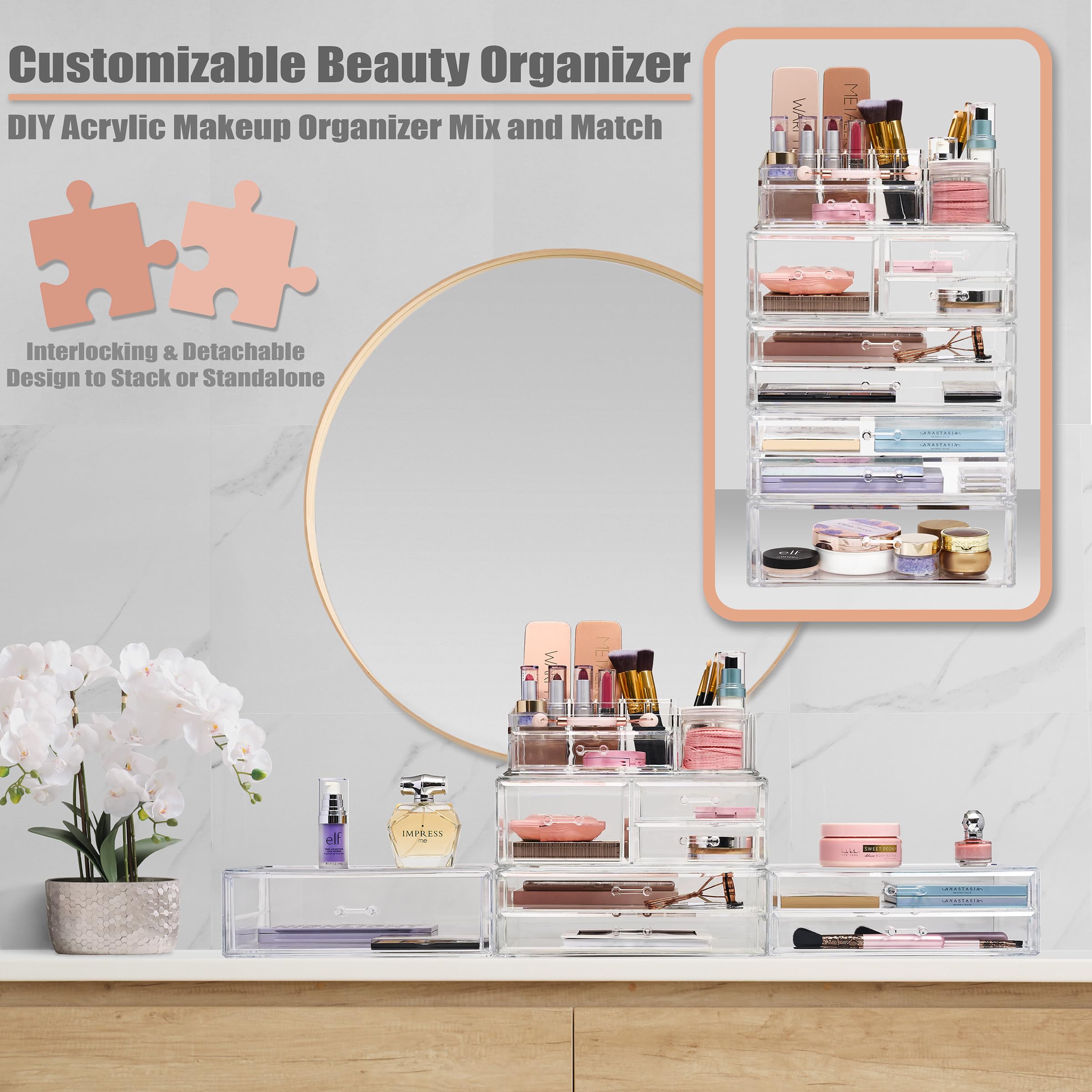 Sorbus Stackable Acrylic Drawers - Clear Makeup Organizer for Vanity & Bathroom Storage