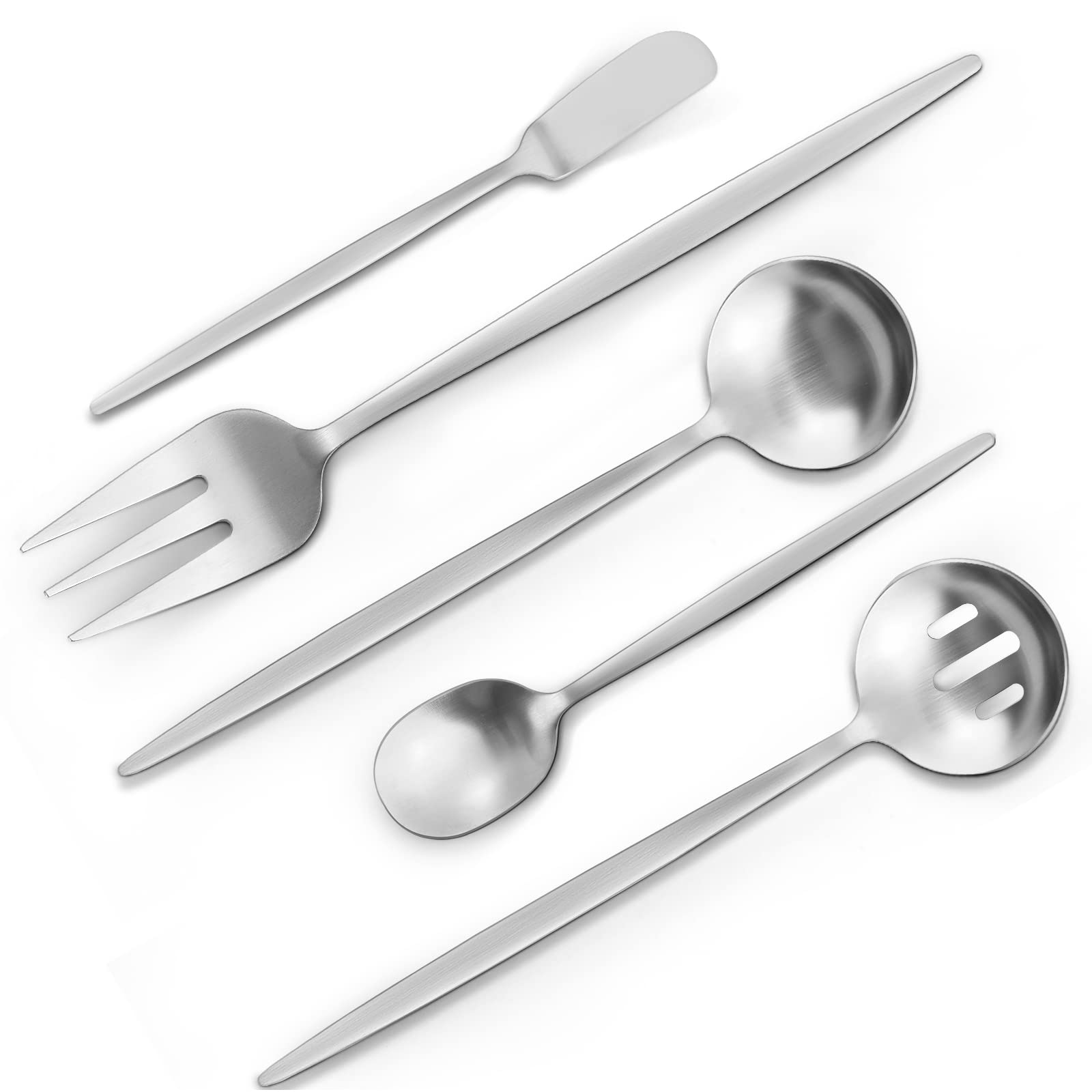 5-Piece Matte Stainless Steel Serving Utensil Set - Round Hostess Flatware with Satin Finish (Dishwasher Safe) - Perfect for Dinner Parties, Buffets & Catering Events
