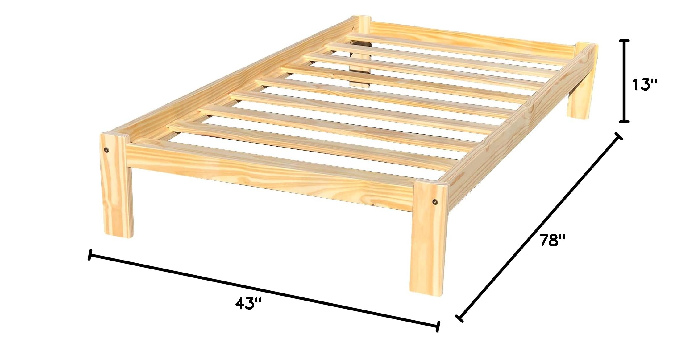 Solid Pine Wood Twin Size Platform Bed - Unfinished Wooden Slats for Mattress Support, No Box Spring Needed - Sturdy Kids Bedroom Furniture for Boys and Girls (Perfect for Small Spaces, Dorm Rooms & Guest Rooms)