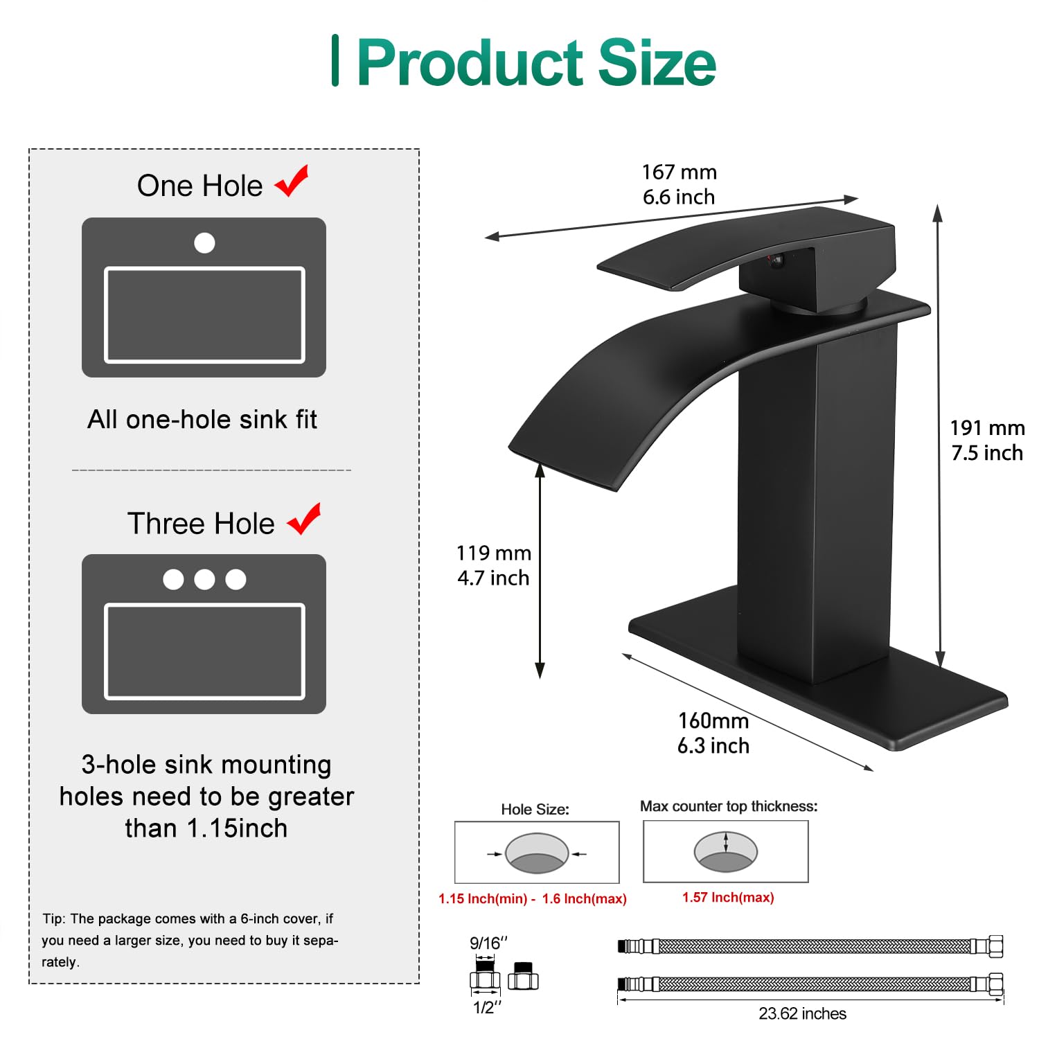 VOTON Matte Black Single Handle Waterfall Bathroom Sink Faucet - Modern Design for 1 or 3 Holes with Deck Plate - Perfect for RV, Camper, Farmhouse & Utility Sink Remodels (Ideal for Small Bathrooms & Vanities)