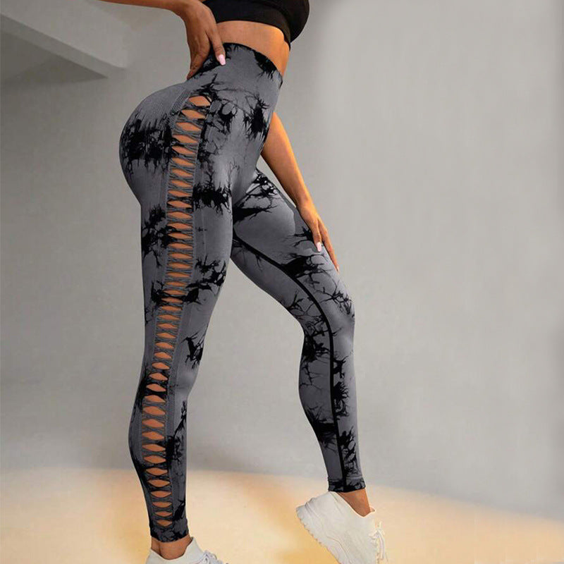 High Waist Hollow Tie-Dye Yoga Pants for Women - Seamless Butt Lifting Workout Leggings, Gym Fitness Running Sports Tights | Perfect for Yoga, Pilates & Lounge Wear