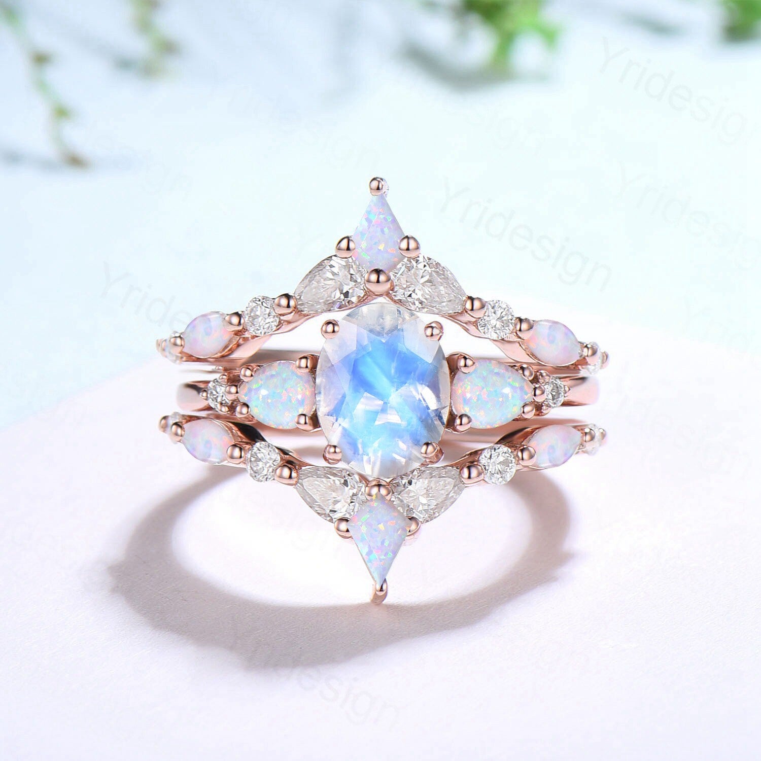 1.5CT Oval Moonstone Engagement Ring Set - Vintage Pear Opal Moissanite Wedding Ring for Women - Double Curved Stacking Pear Band Bridal Jewelry Set - Perfect for Proposals, Anniversaries & Special Occasions